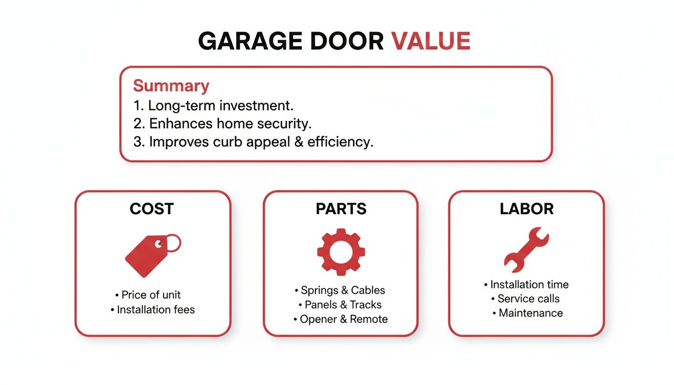 Infographic illustrating the value of a garage door, detailing summary benefits, cost, parts, and labor factors.