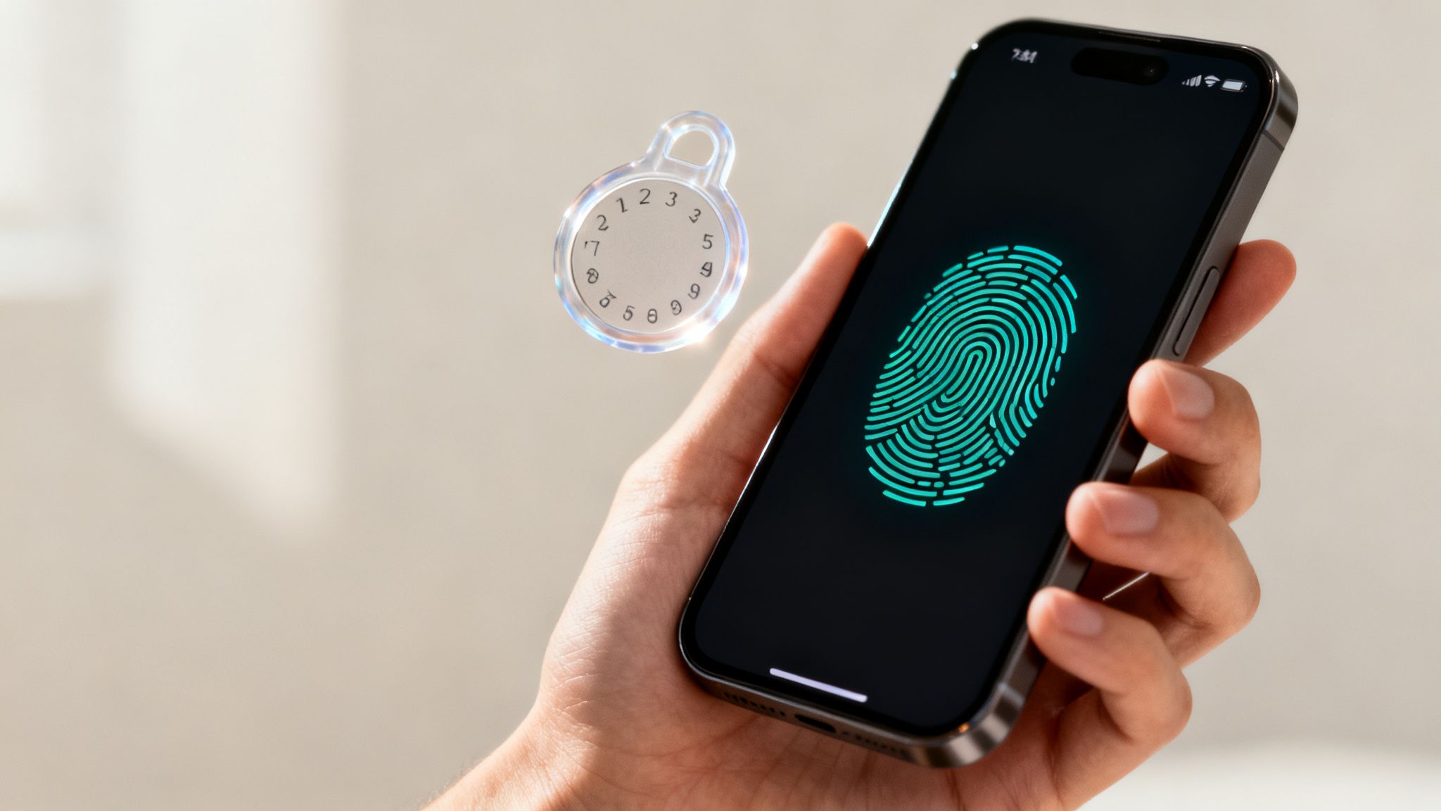 Hand holding a smartphone with a glowing green fingerprint scan and a transparent numbered dial, symbolizing mobile security.