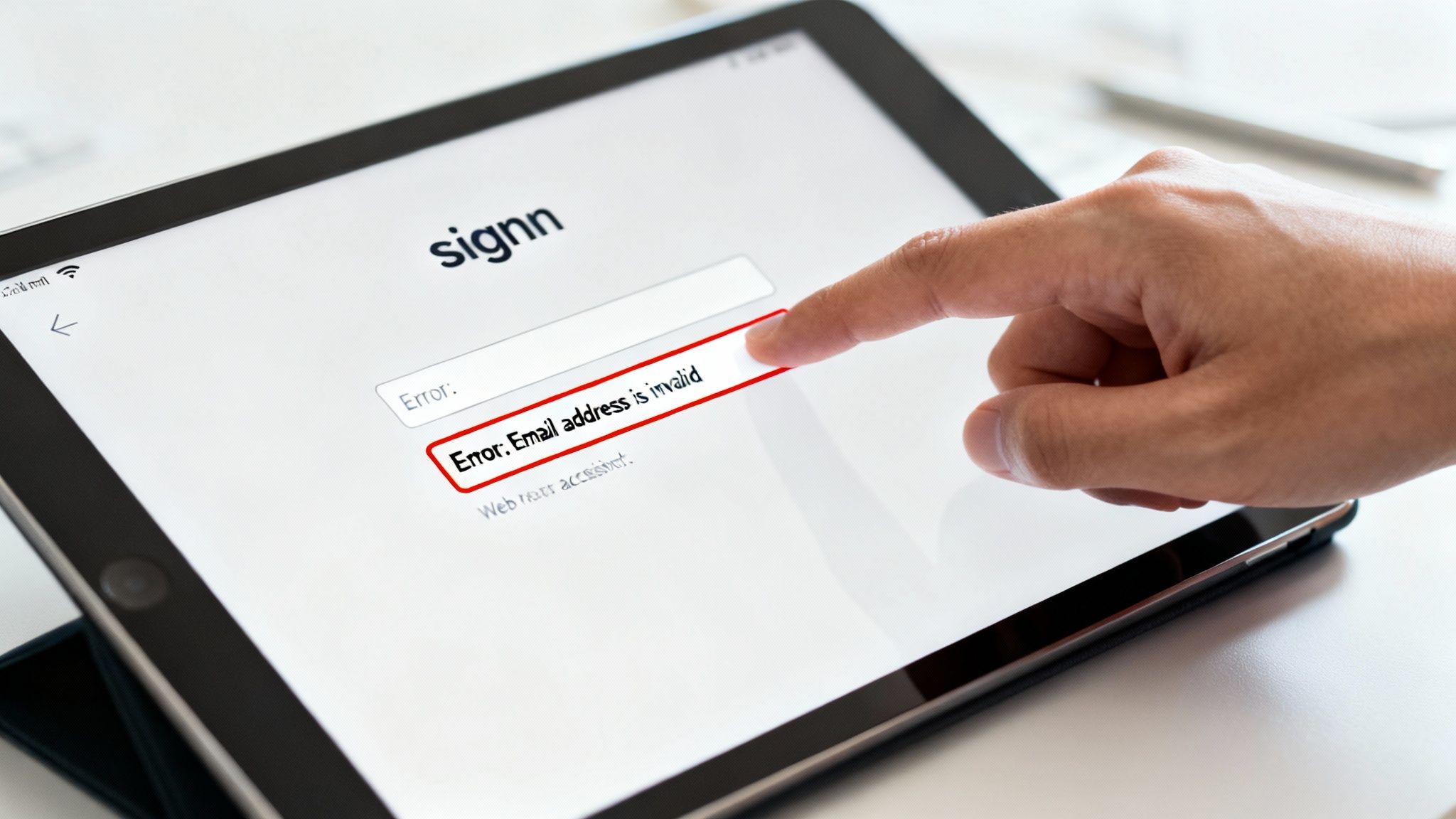 A finger points at an email address invalid error message on a tablet's sign-in screen.