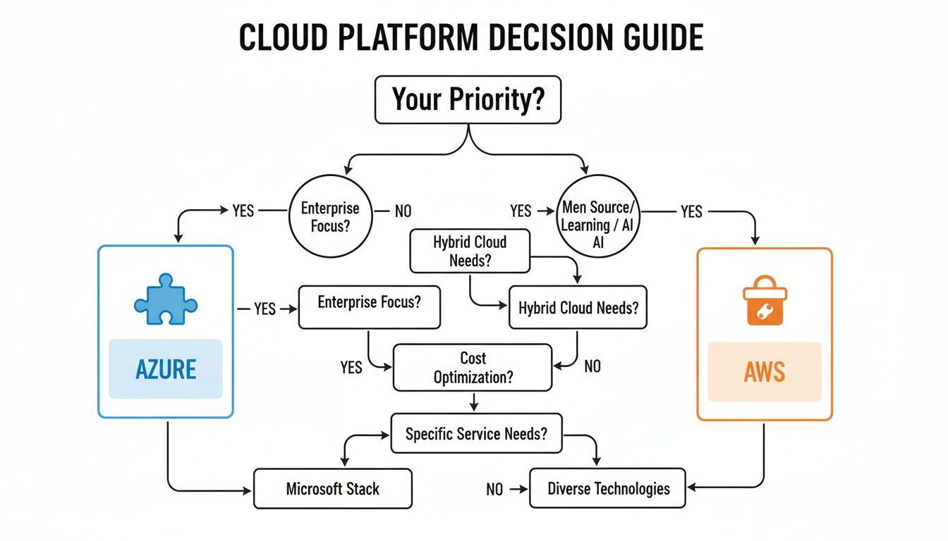 Cloud platform decision guide flowchart comparing Azure and AWS based on enterprise focus, hybrid, AI, and cost.