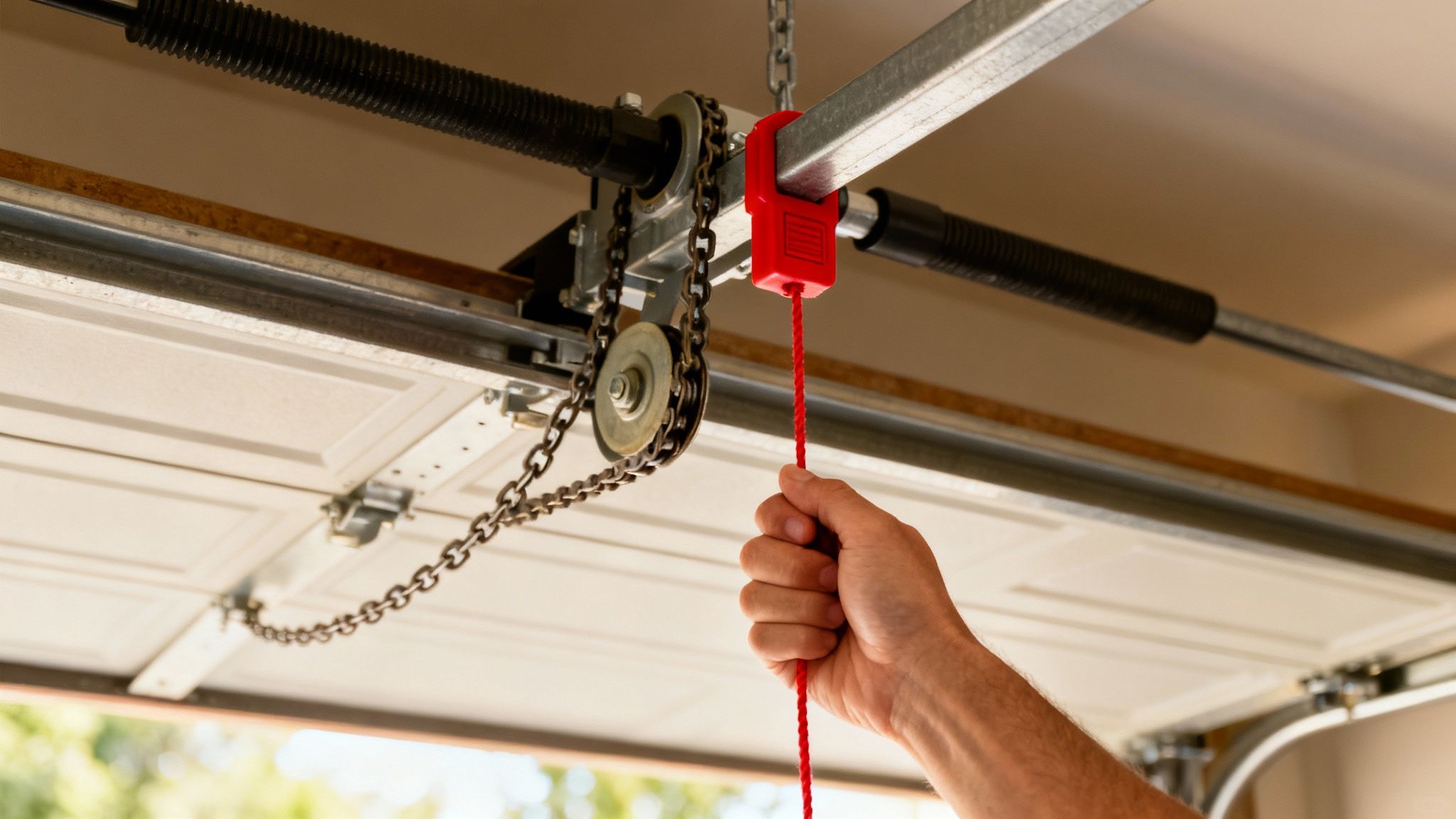 A hand pulling a red emergency release cord on a garage door opener