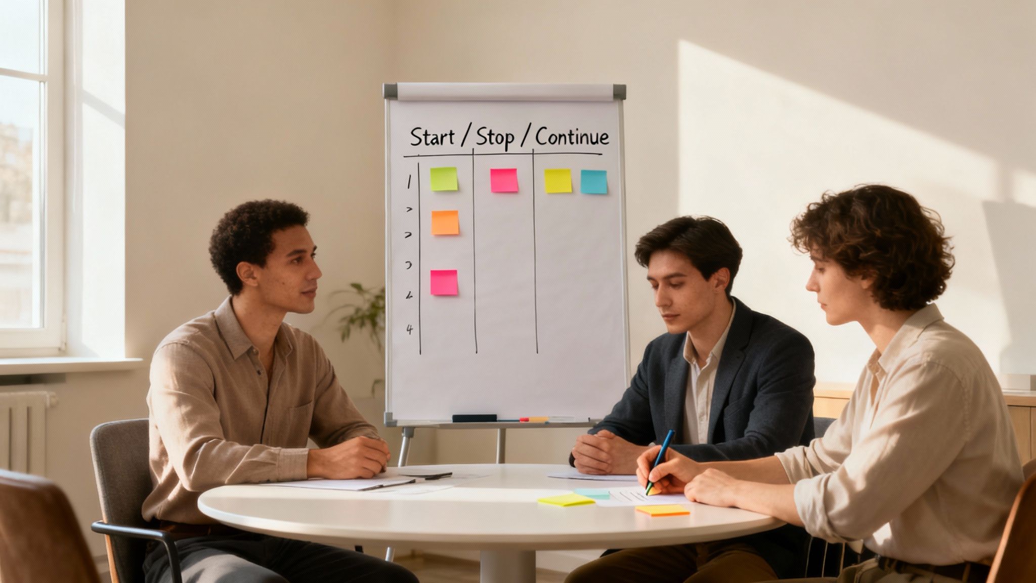 Three professionals collaborating at table with start stop continue retrospective board behind them