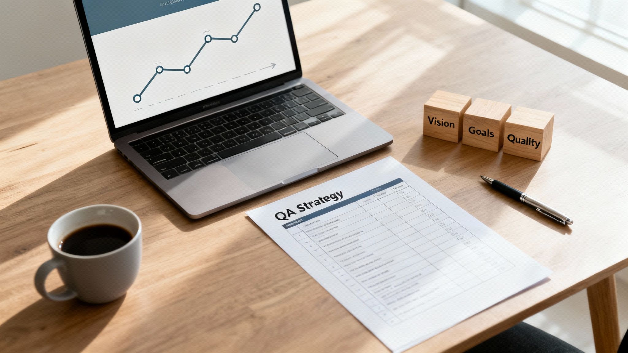 Desk setup with laptop displaying a graph, a QA strategy document, coffee, pen, and blocks for vision, goals, quality.