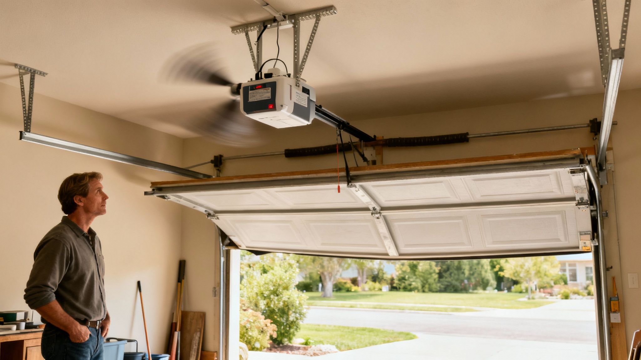 A man looks up at a garage door opener as the door is partially open.