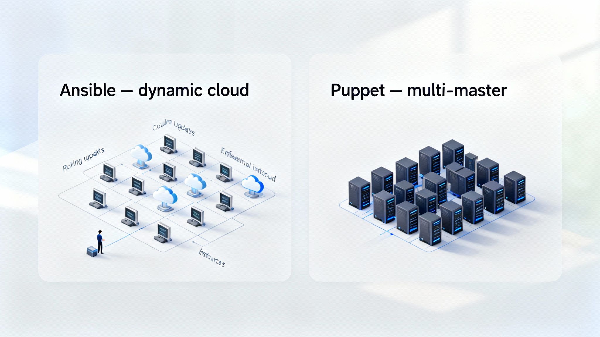 Diagram illustrating Ansible's dynamic cloud infrastructure with updates and instances, contrasted with Puppet's multi-master server architecture.