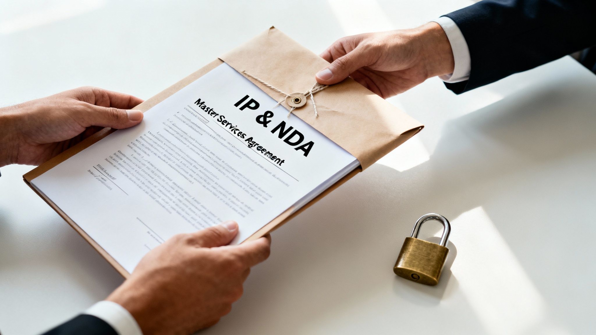 Two business professionals exchange an IP and NDA Master Services Agreement document, symbolizing intellectual property protection.