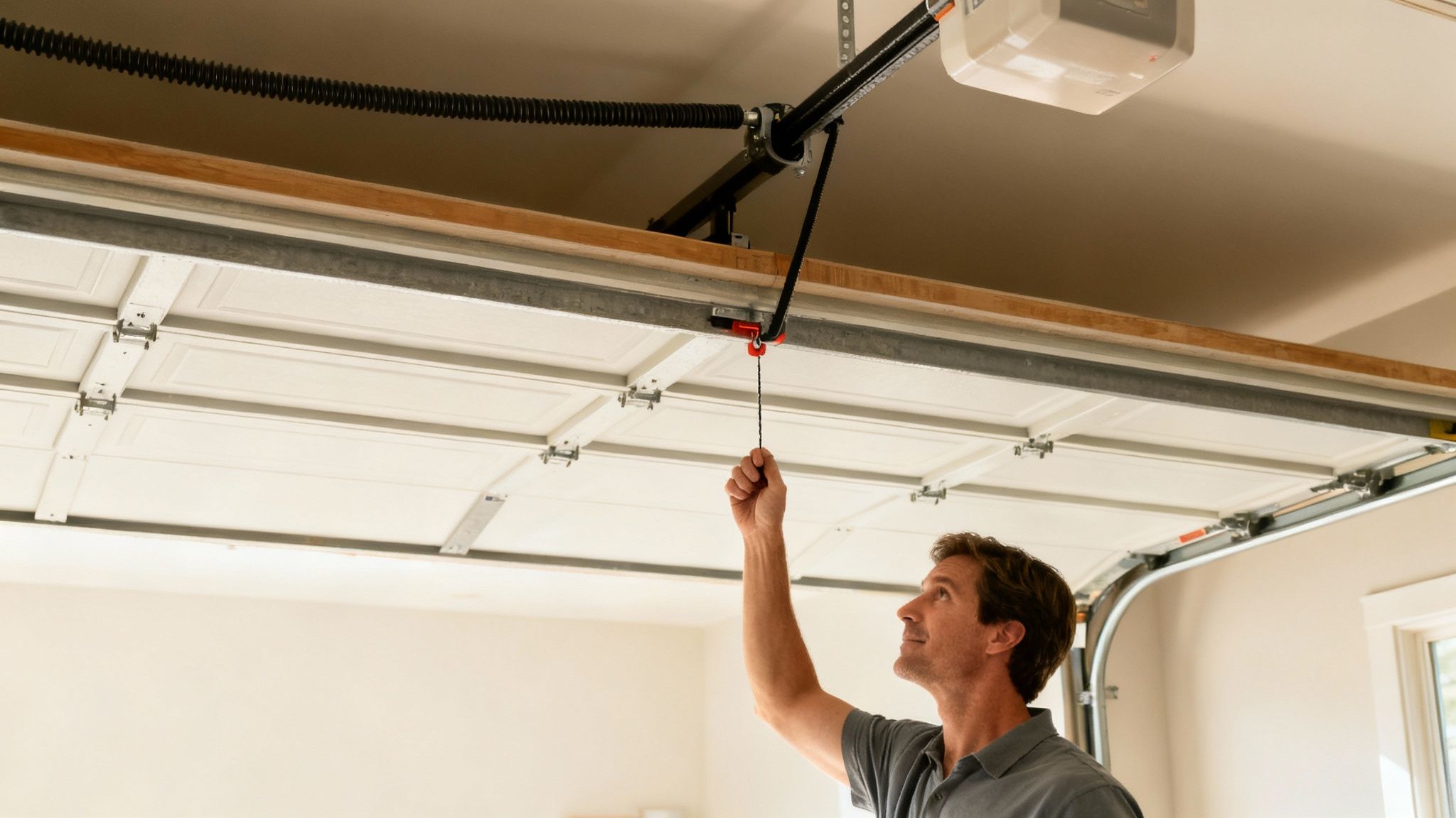 A man pulls the emergency release cord of a white garage door opener in his garage.