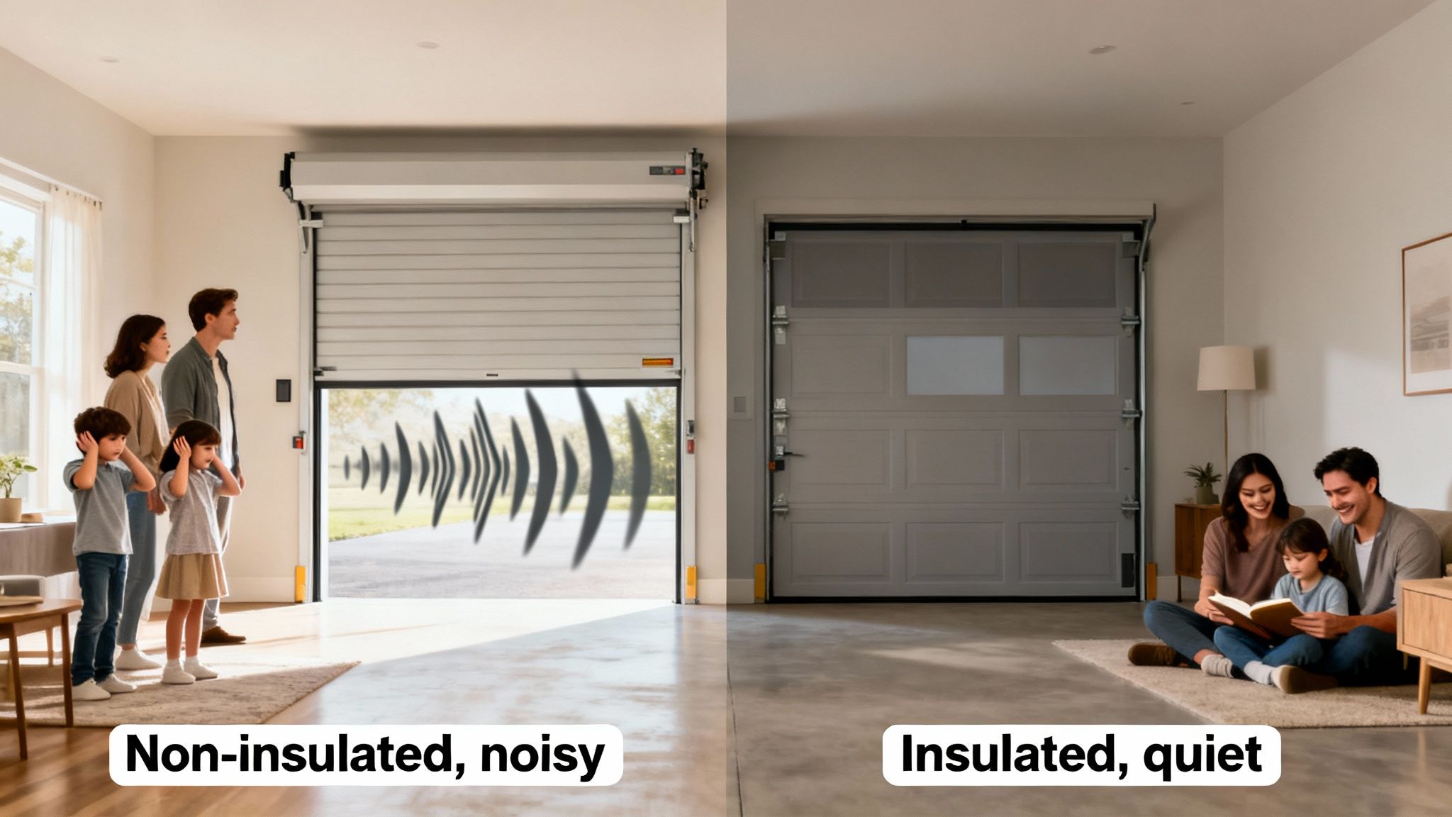Image comparing a noisy non-insulated garage door with sound waves to a quiet insulated garage door, showing families.