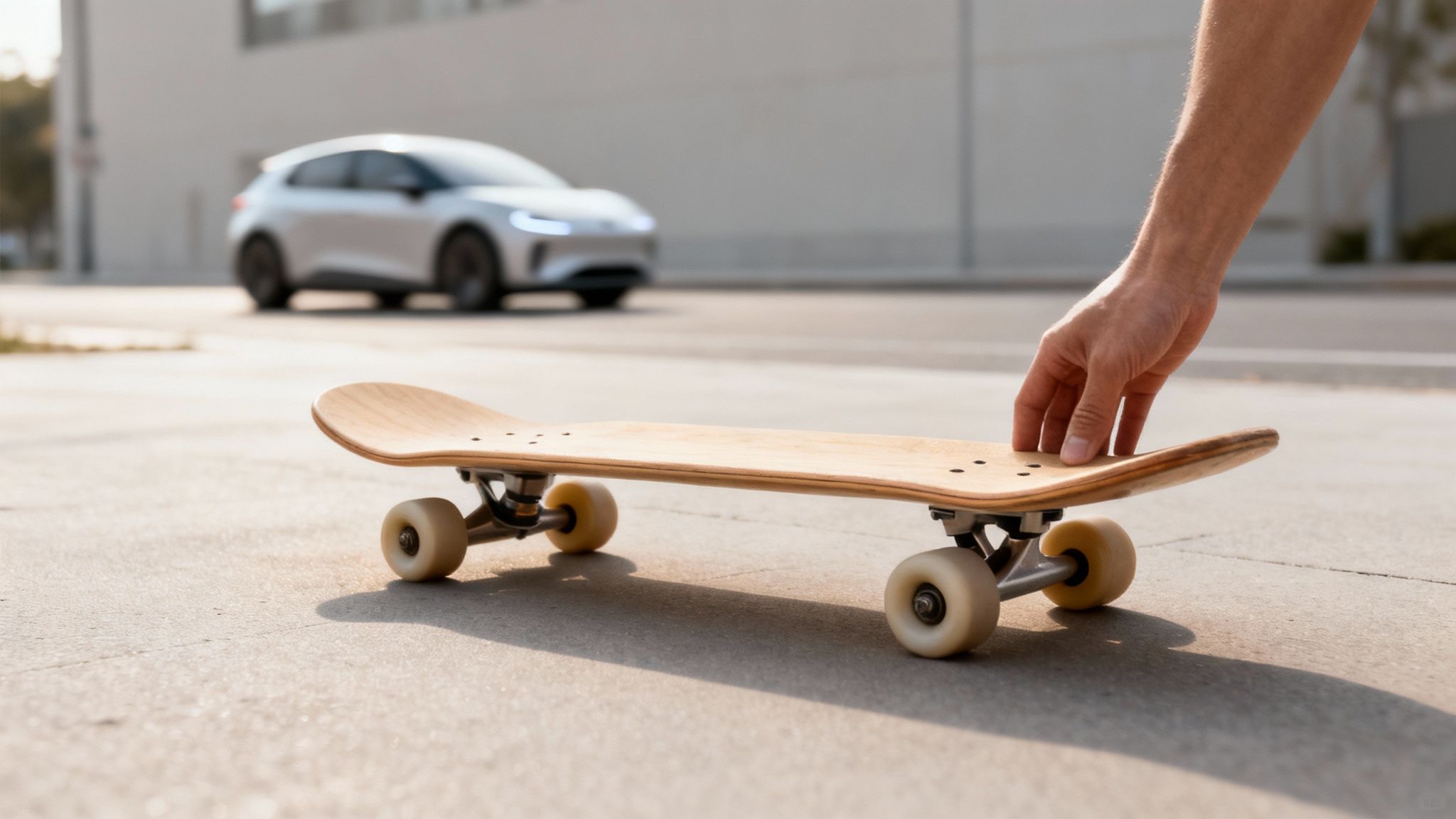 A person's hand touches a wooden skateboard on concrete, with a blurred white car nearby.