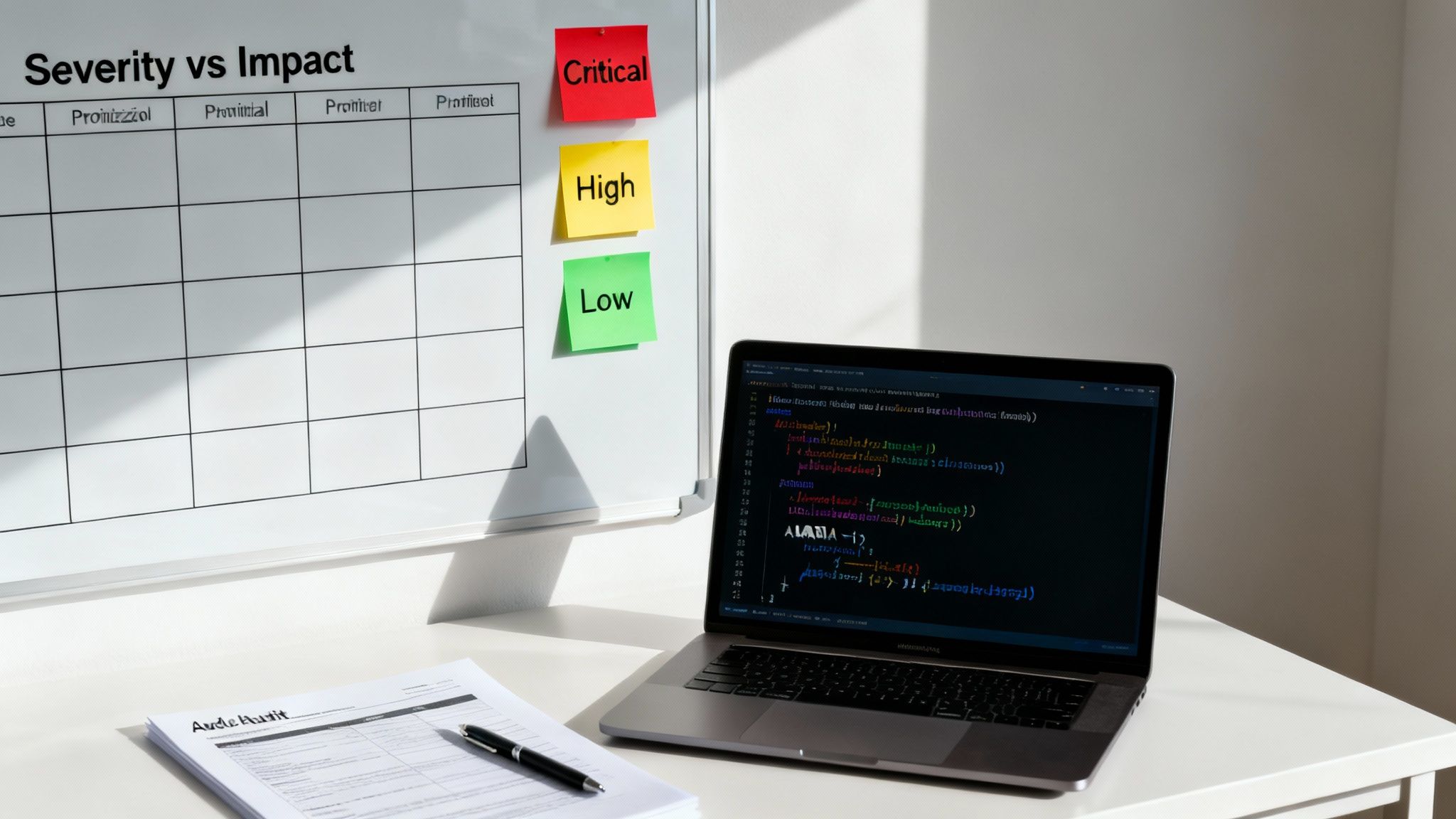 Whiteboard with 'Severity vs Impact' matrix and colored notes, a laptop displaying code, and documents on a desk.
