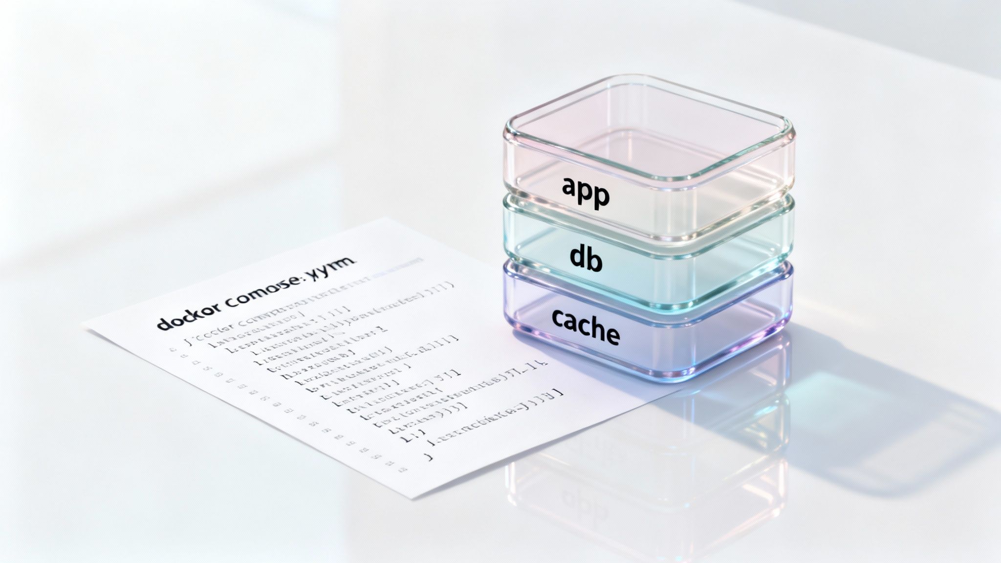 A Docker Compose file next to a stack of containers labeled app, db, and cache.