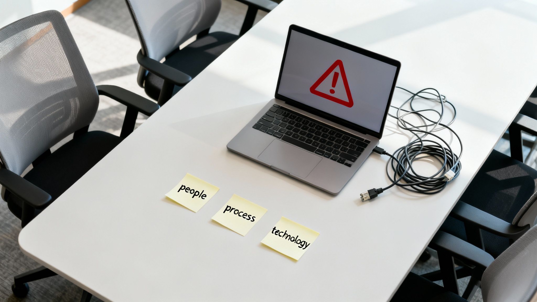 A laptop with a warning sign, sticky notes 'people, process, technology' on an office table.
