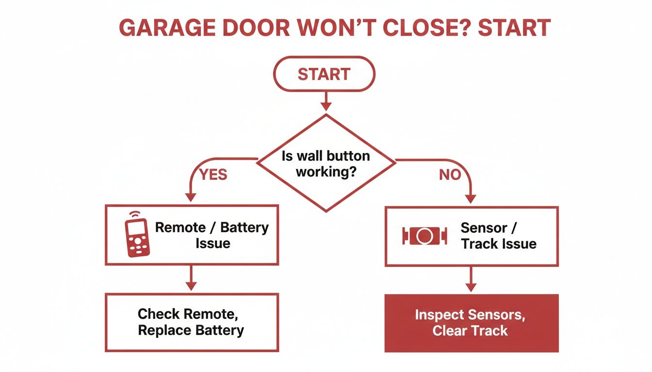 A flowchart troubleshooting why a garage door won't close, checking wall button, remote, and sensors.