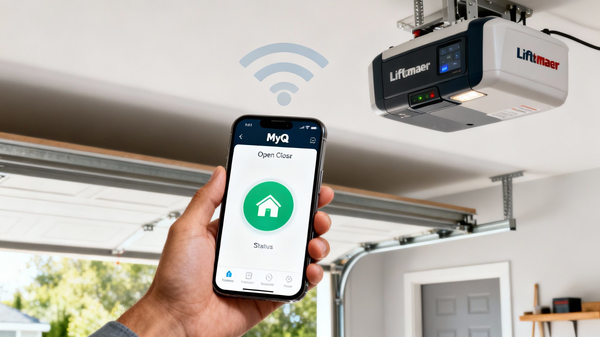 A person uses the MyQ app on a smartphone to wirelessly control a LiftMaster garage door opener.