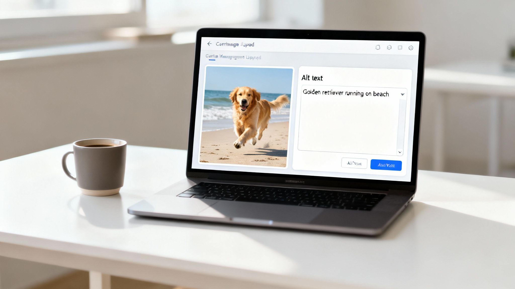 A laptop on a white desk shows a golden retriever running on a beach, next to a coffee mug.