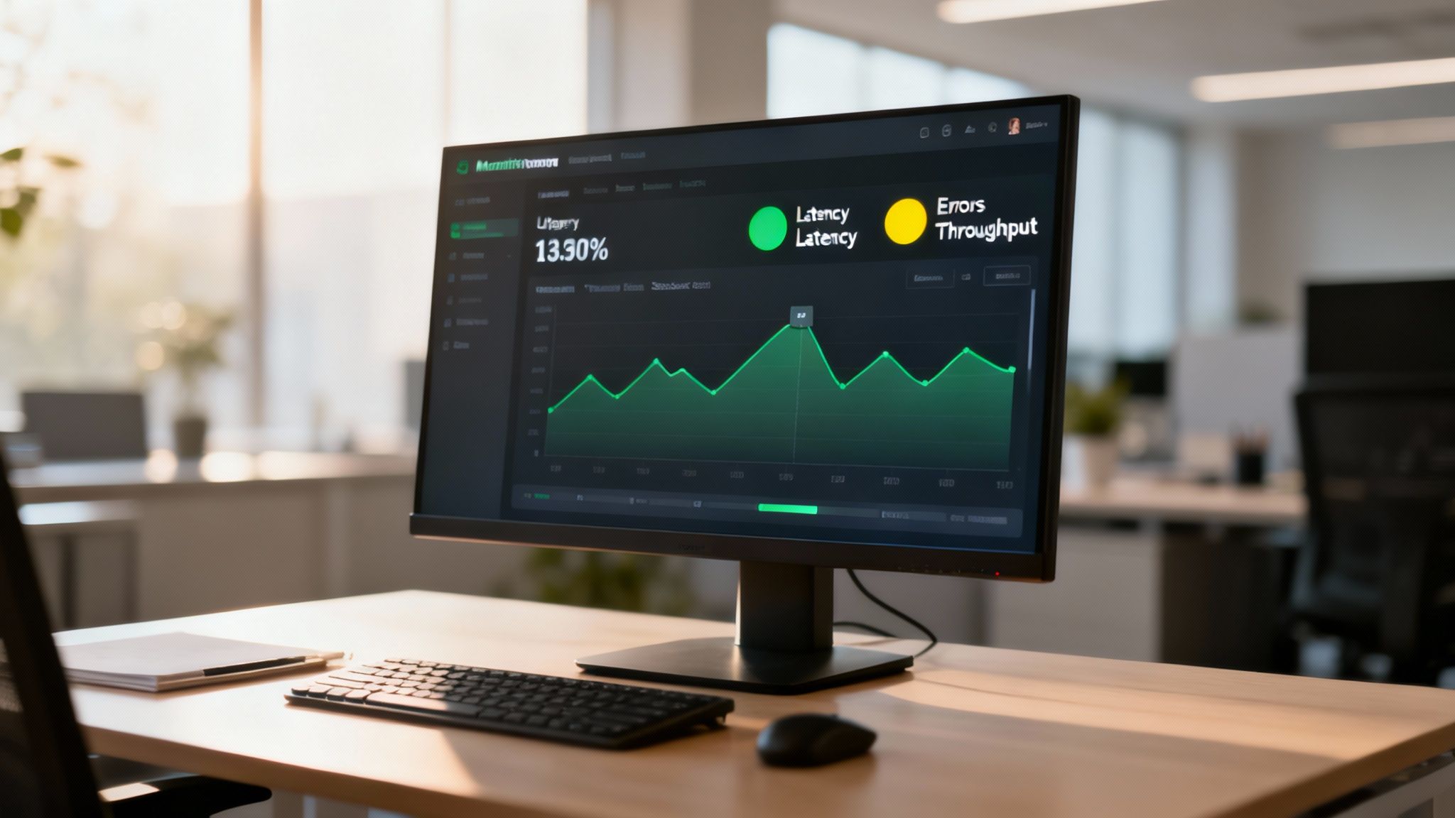 A computer monitor displays a data dashboard with latency and error throughput graphs in an office.