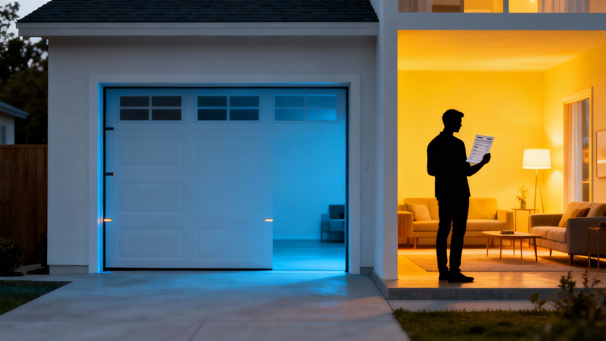 A house at dusk with an open garage door showing blue interior light and an adjacent living room with warm yellow light, where a person reads a document.