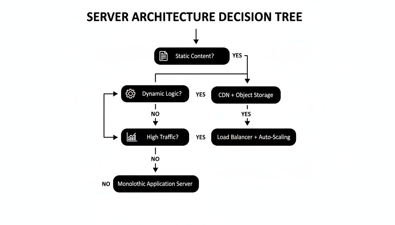 Decision tree diagram for server architecture, detailing choices based on content, logic, and traffic needs.
