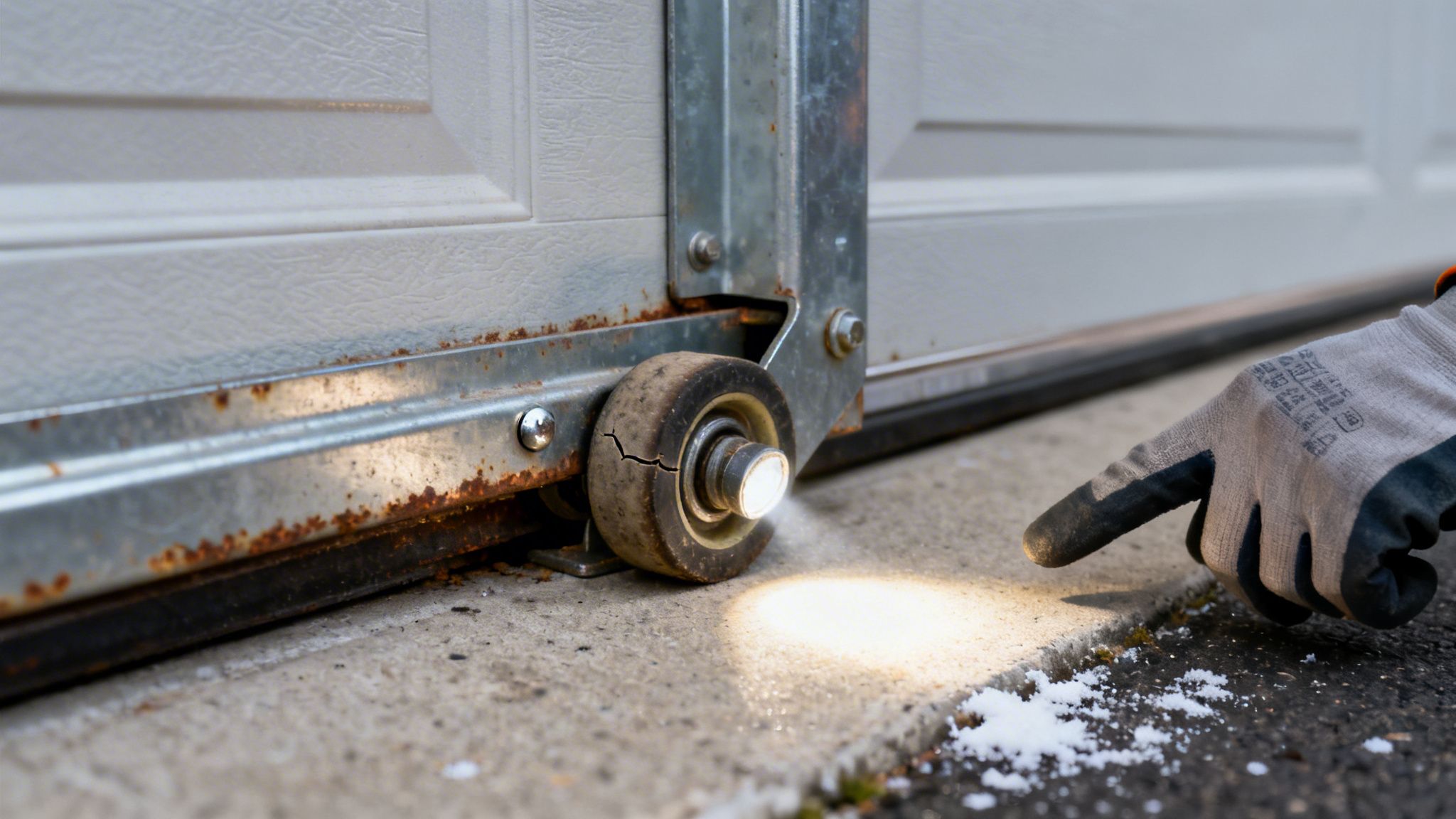 A gloved hand points to a cracked garage door roller on a rusty track, showing damage.