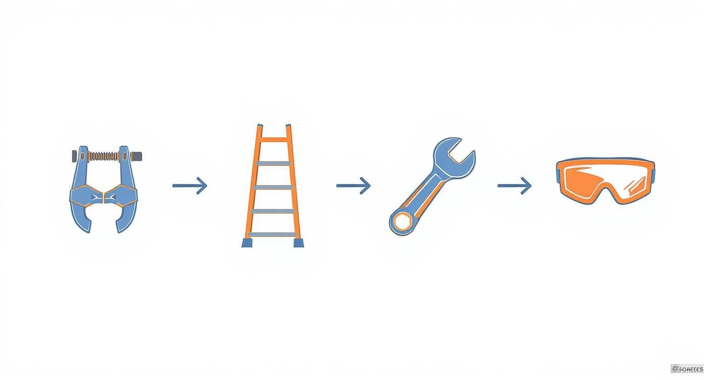 A sequence of four tools: a spring clamp, a ladder, a wrench, and safety goggles.