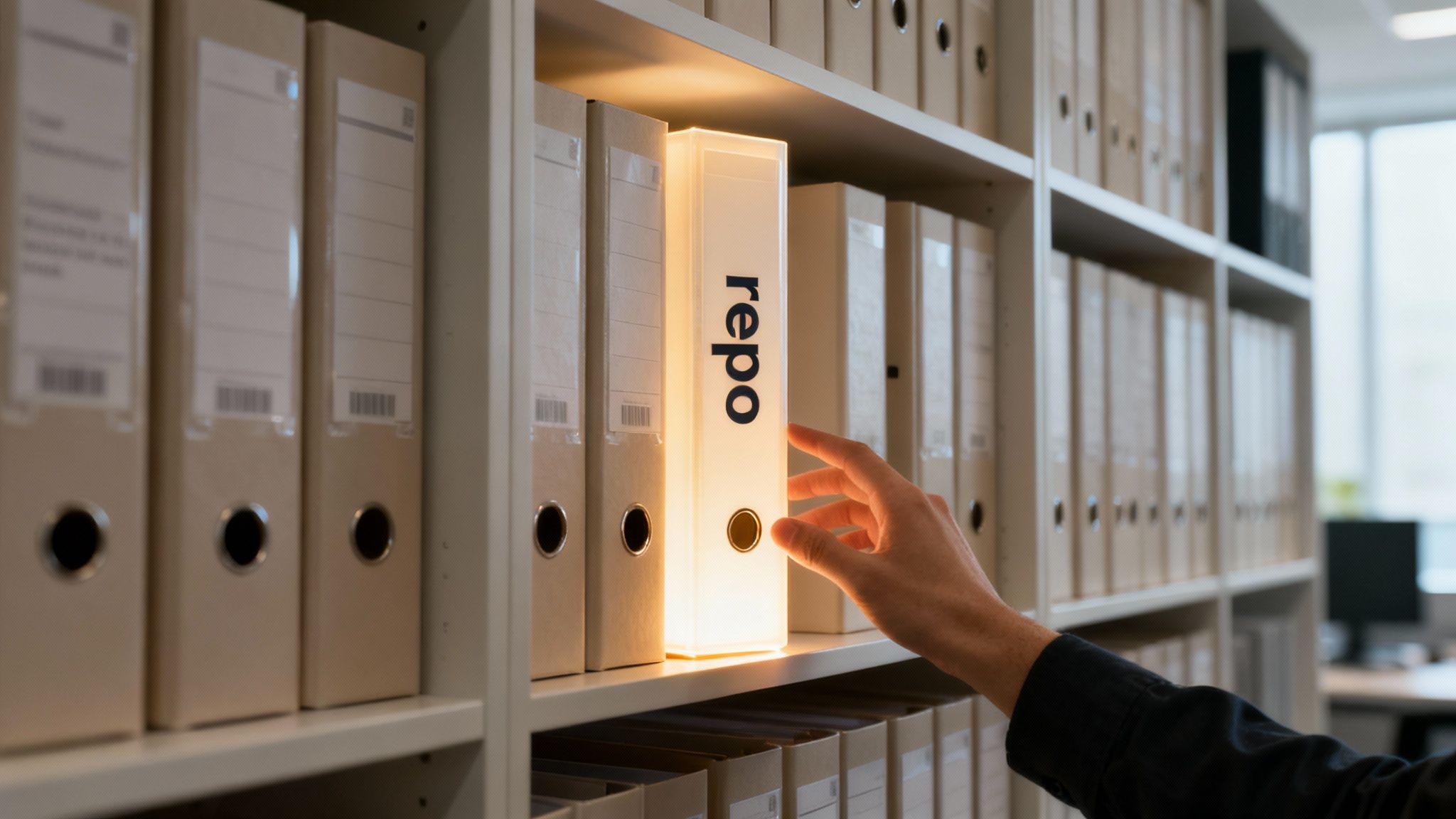 A hand pulls a glowing white binder labeled 'repo' from a shelf of office files.