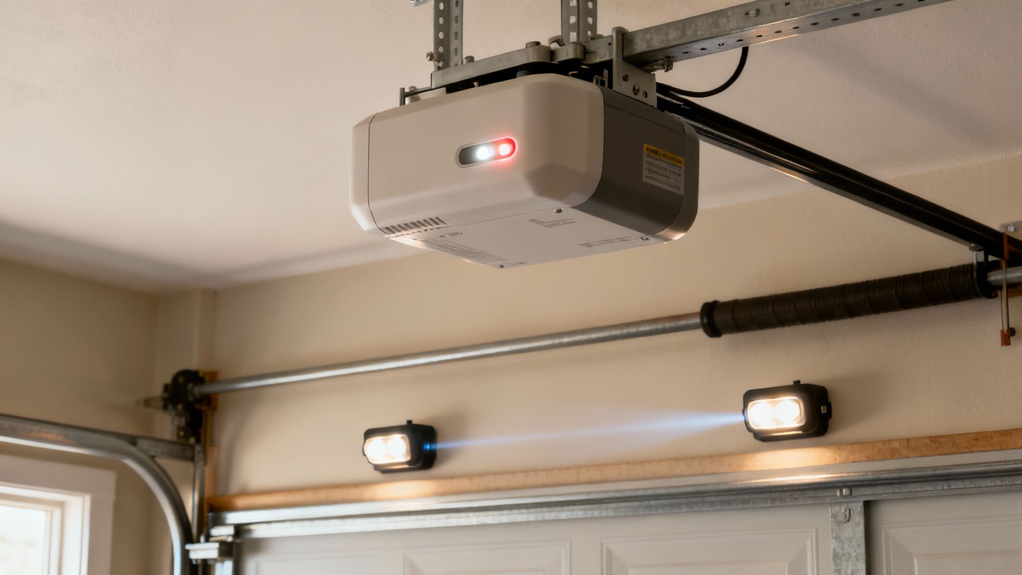 A person inspecting the safety sensor on a garage door track.