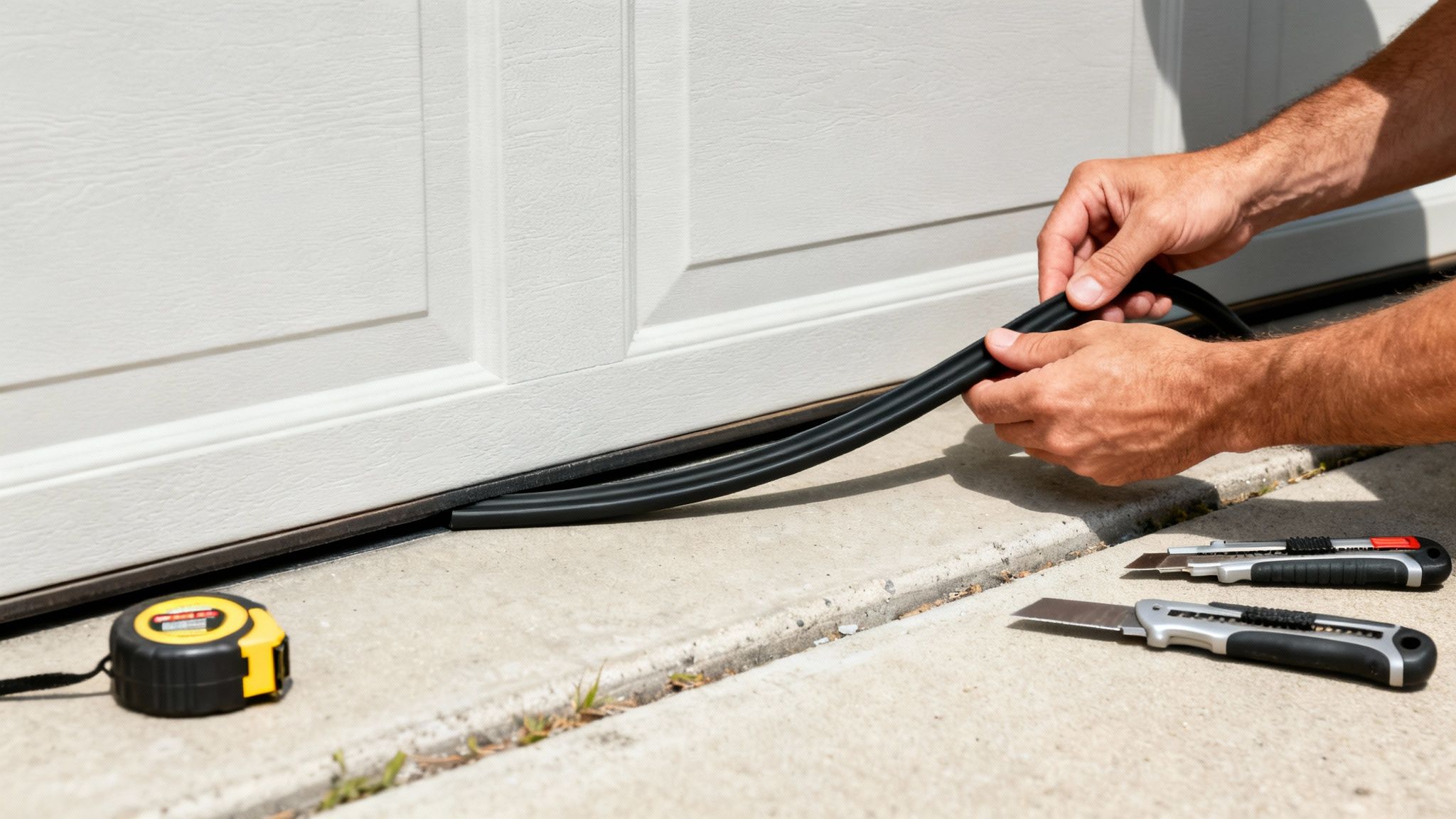 Worker's hands replacing the bottom weather seal on a white garage door with tools nearby.