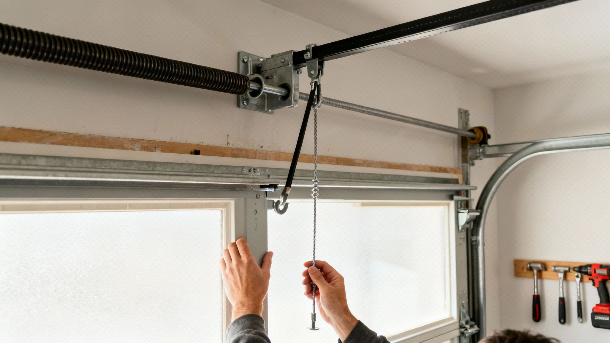 A person's hands operating a garage door, pulling the emergency release rope near a torsion spring.