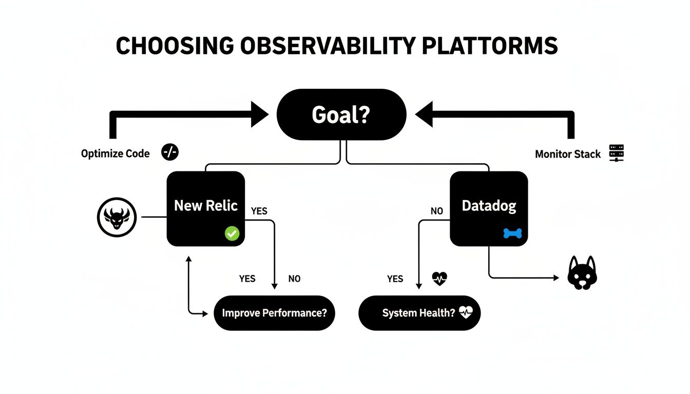 Flowchart for choosing observability platforms like New Relic and Datadog based on optimizing code or monitoring stack goals.