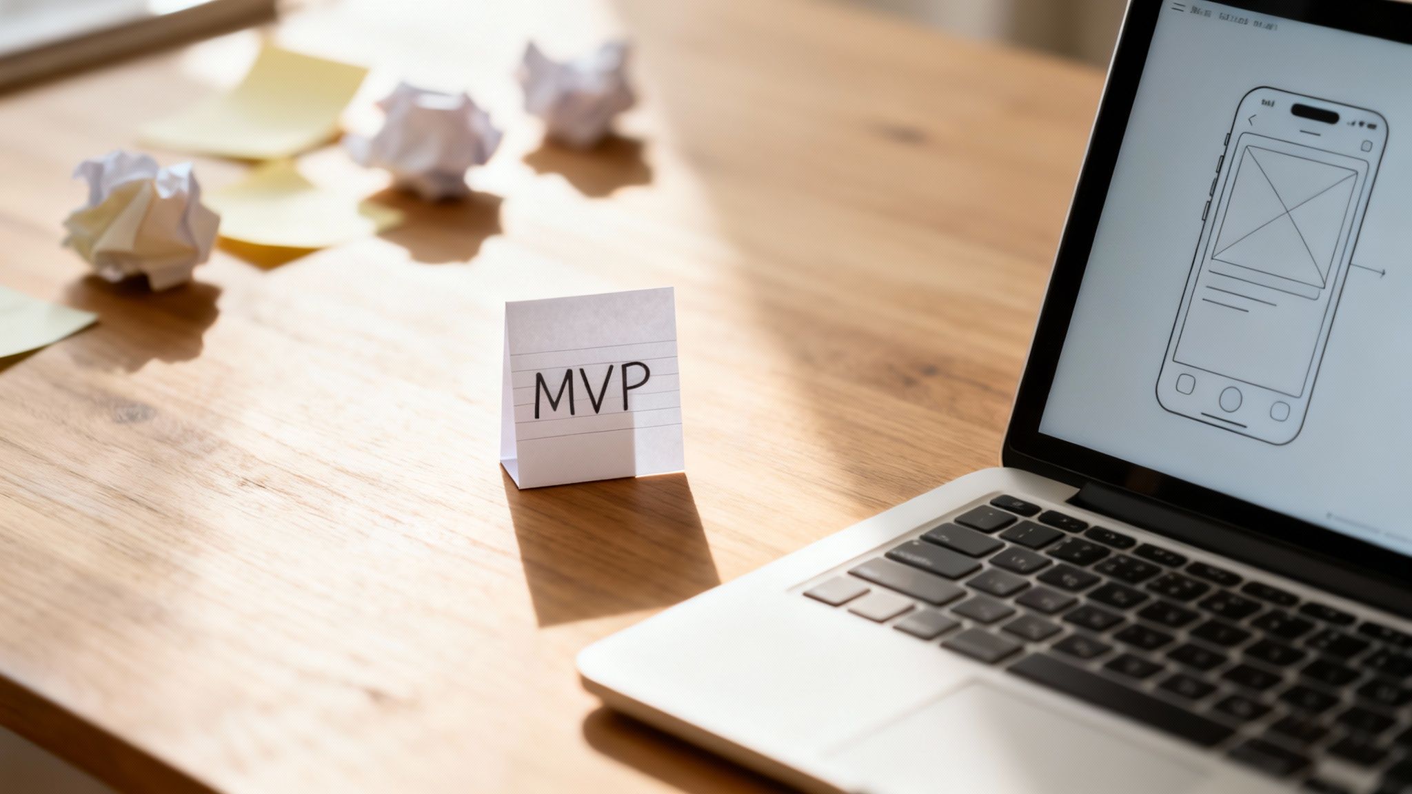 Close-up of a laptop displaying a mobile app wireframe next to an MVP sign on a wooden desk.