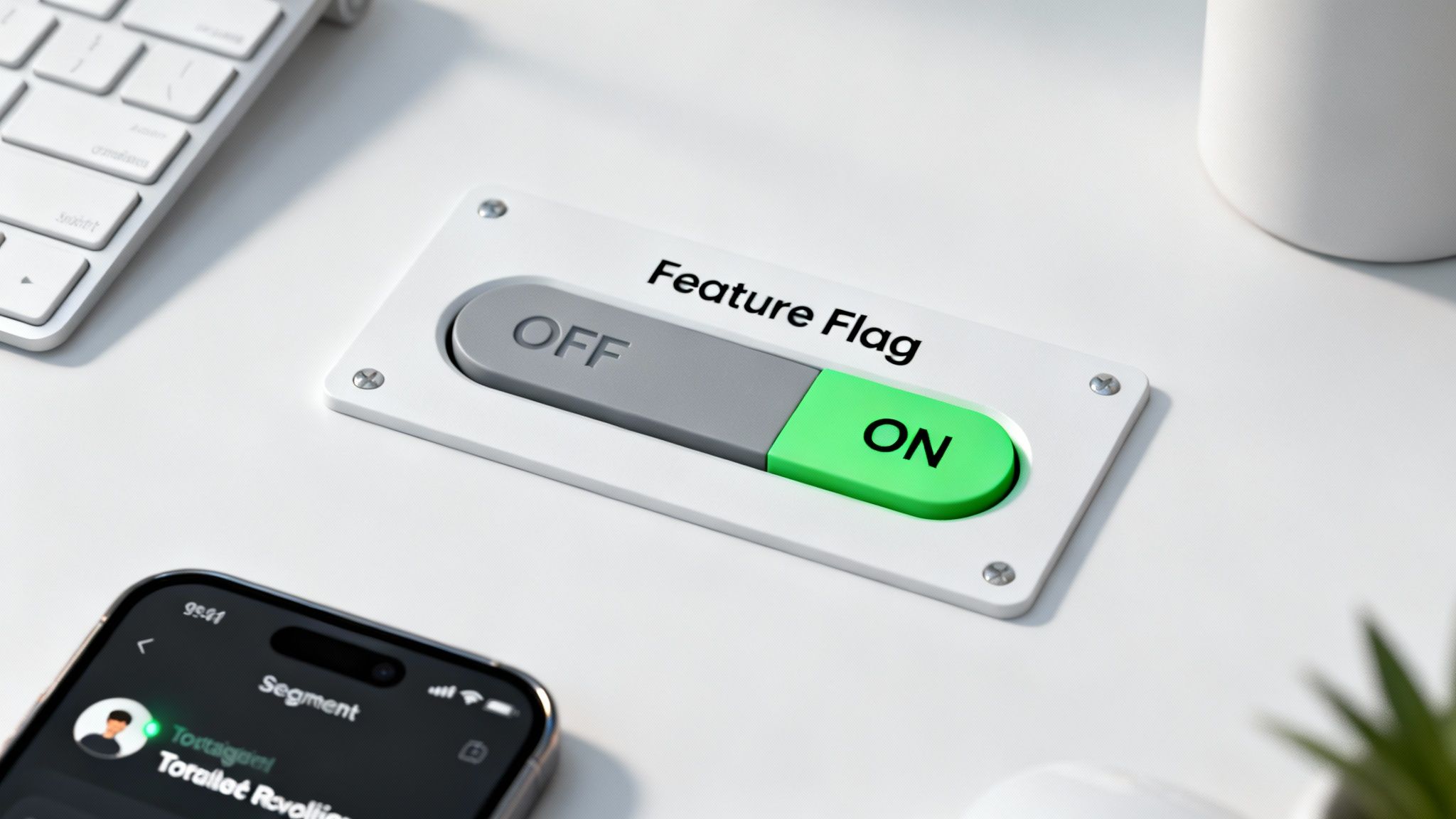 A 'Feature Flag' toggle switch set to 'ON' on a white desk with a keyboard and phone.