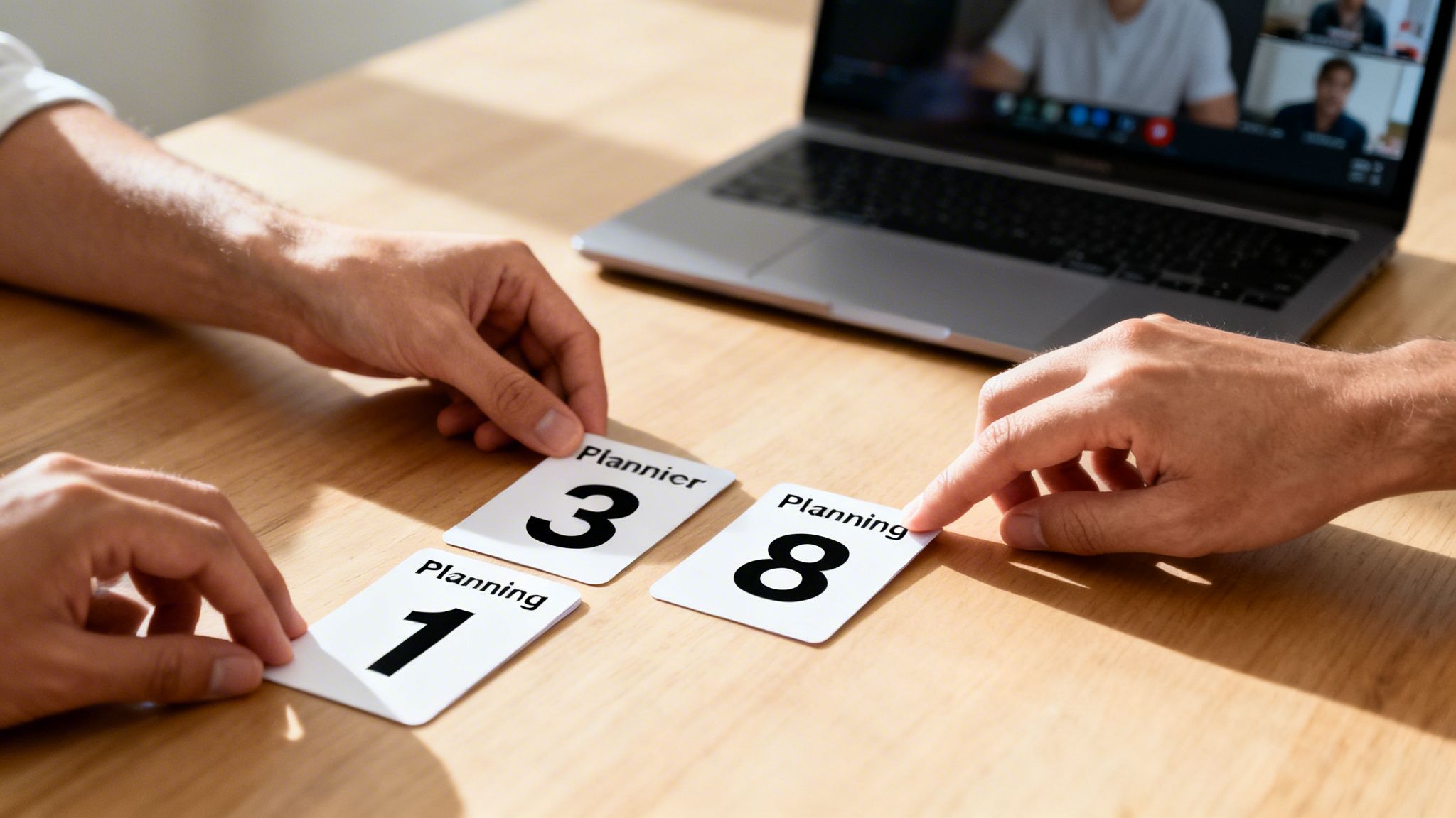 Hands of two people arranging planning cards with numbers 1, 3, and 8 on a wooden desk, with a laptop showing a video call in the background.