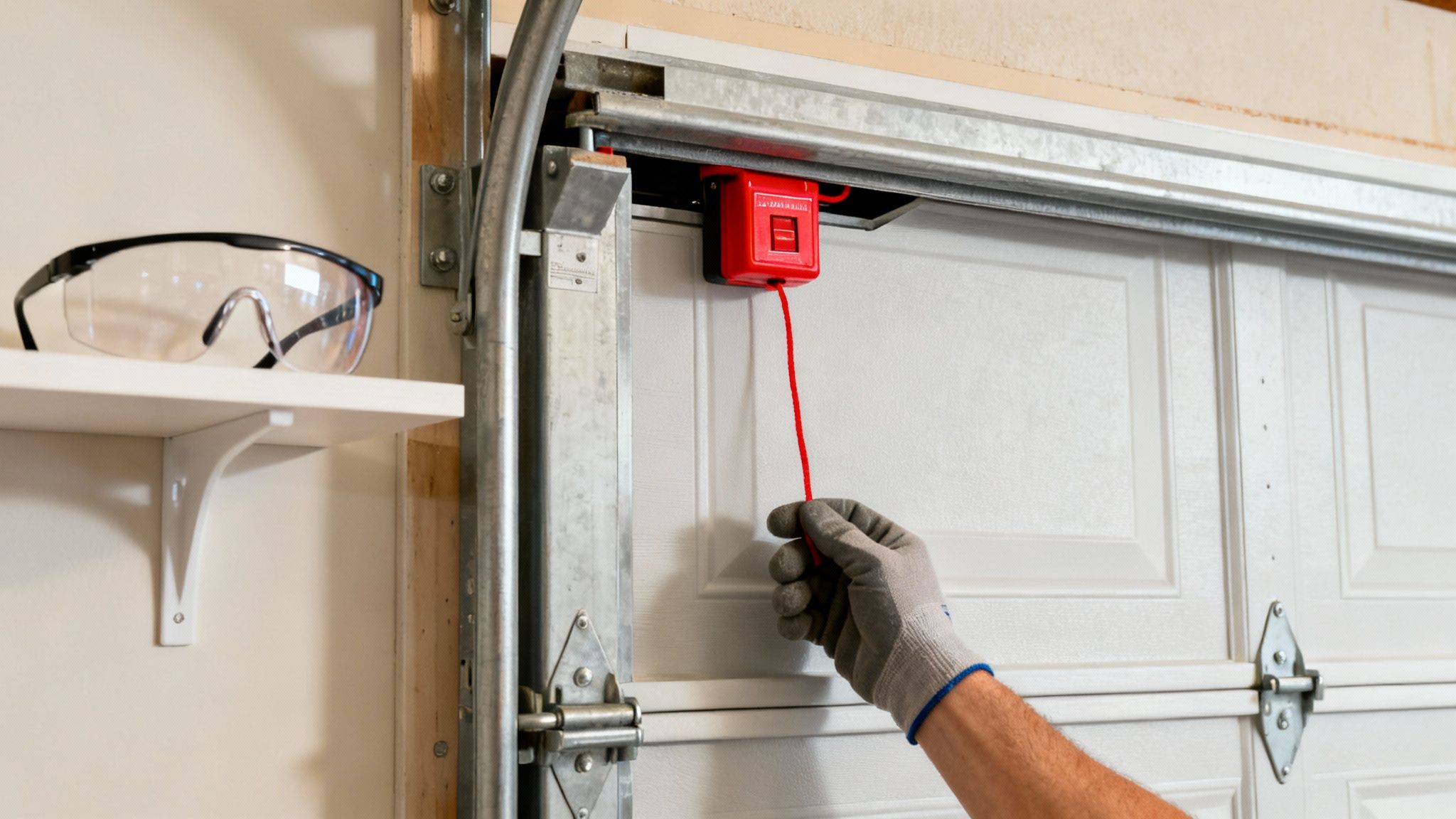 A person in gloves pulls a red emergency release cord on a white garage door, with safety glasses nearby.