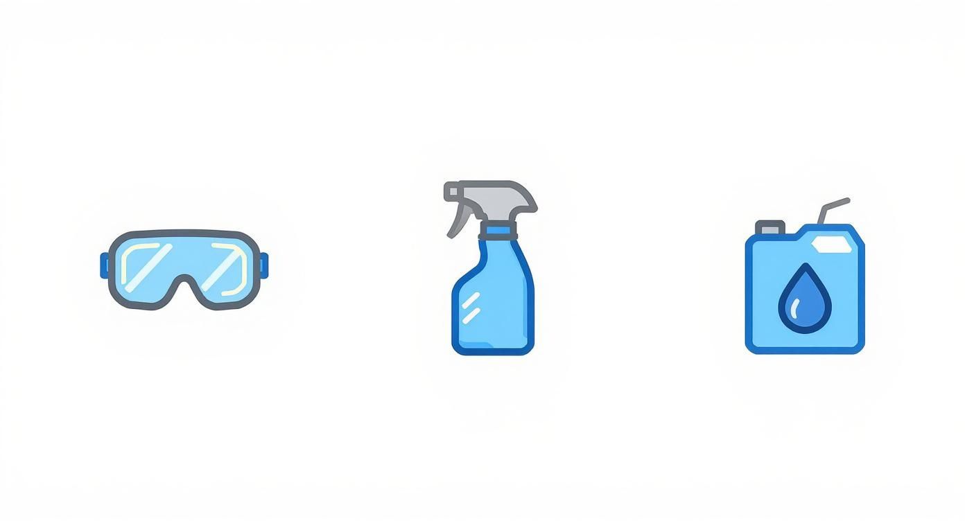 Three blue icons depicting safety goggles, a spray bottle, and a liquid canister for cleaning.