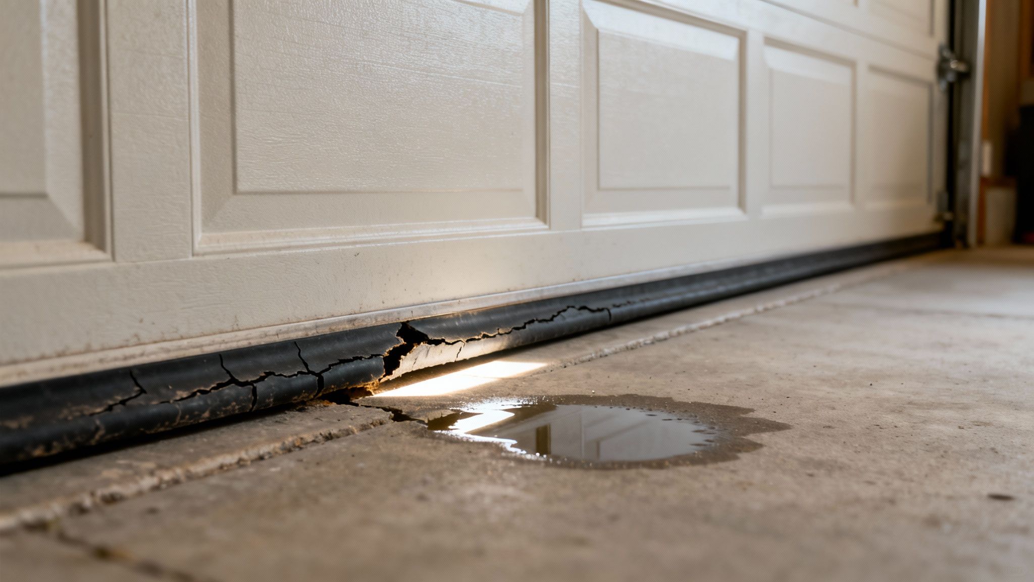 A severely cracked and damaged garage door weather seal, with light and water visible underneath.