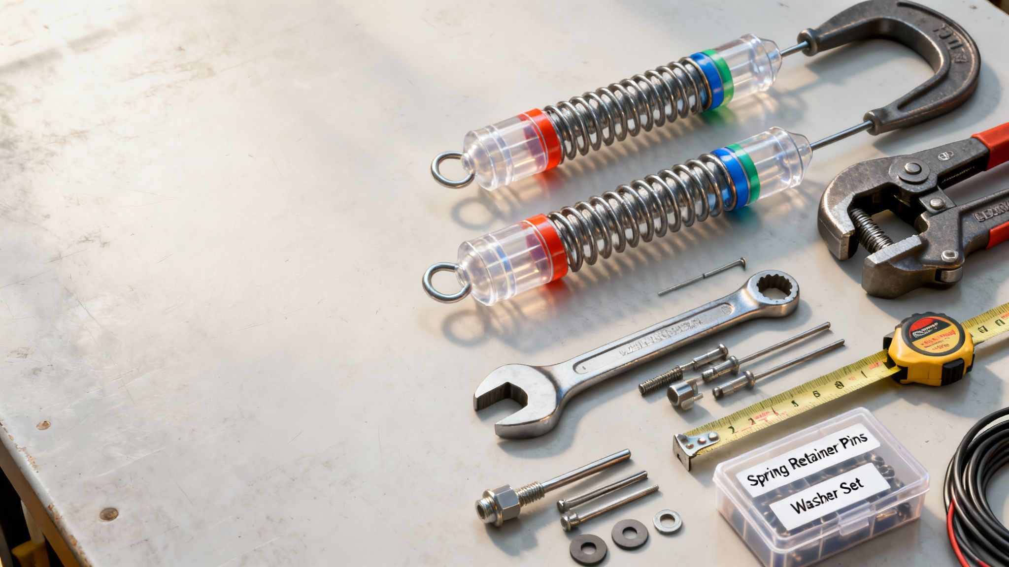 A collection of tools and hardware for garage door repair, featuring extension springs, a wrench, pliers, and small fasteners.