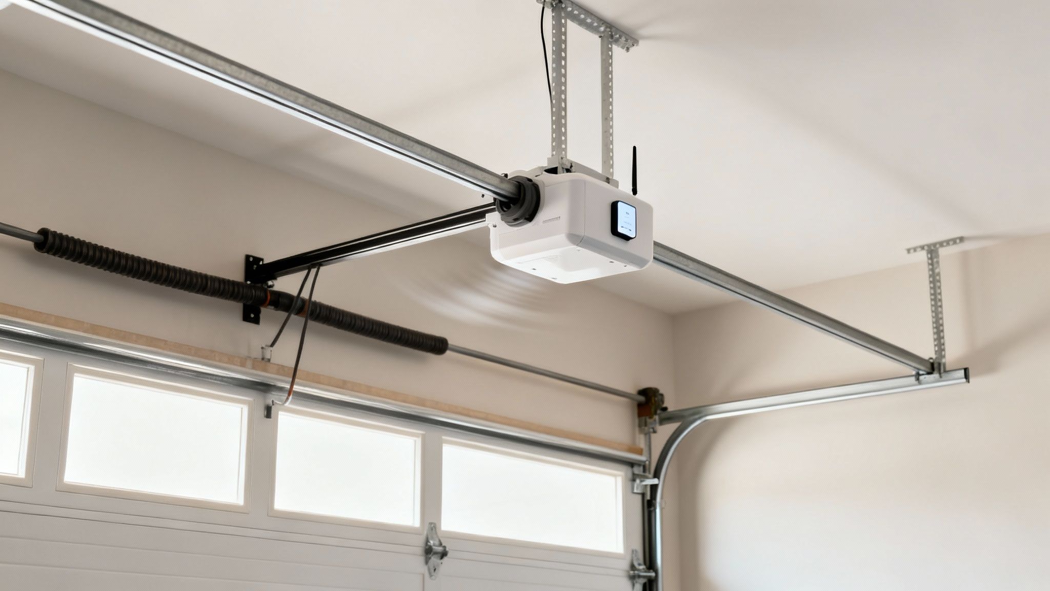 A modern garage door opener installed on the ceiling of a clean, well-lit garage.