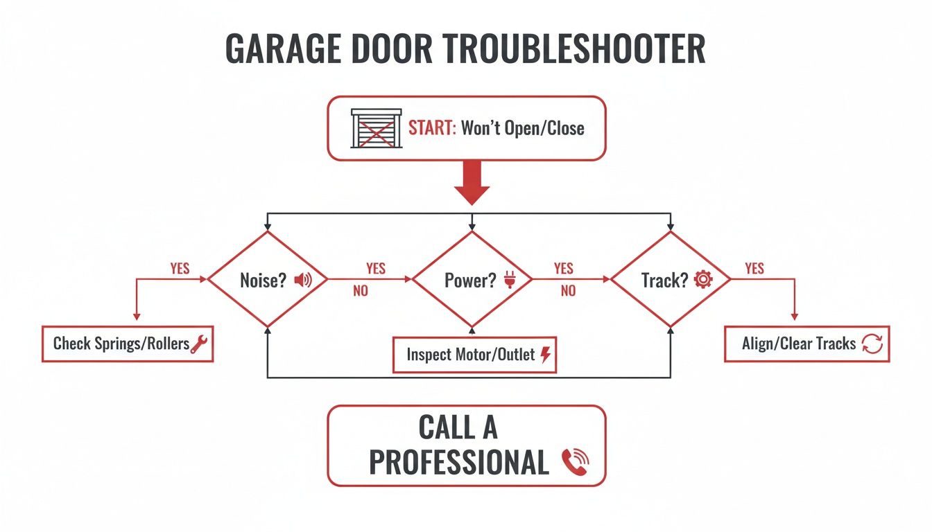 Flowchart for garage door troubleshooting, guiding users through noise, power, and track checks.