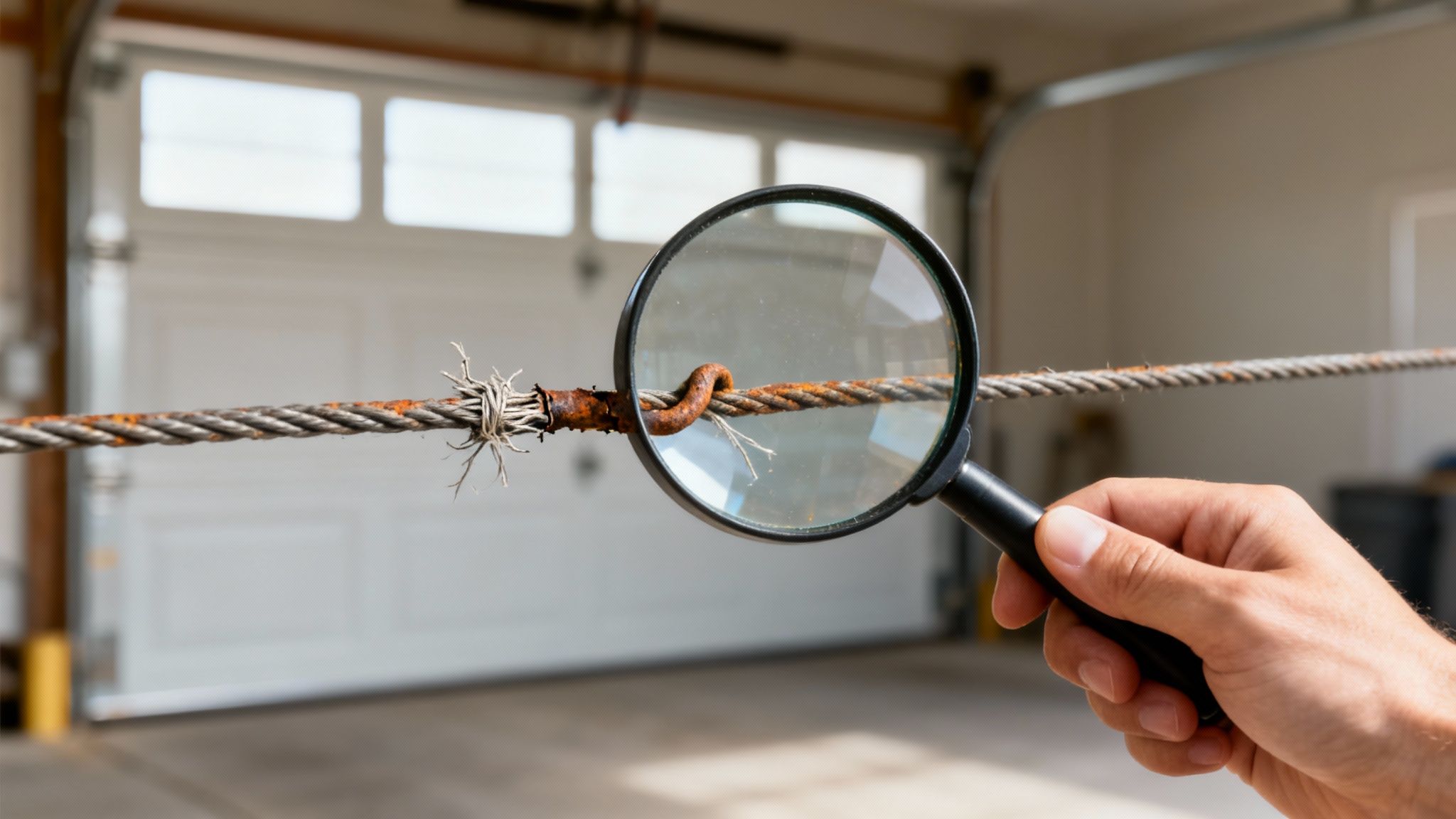 A hand holds a magnifying glass inspecting a severely rusted and frayed garage door cable.