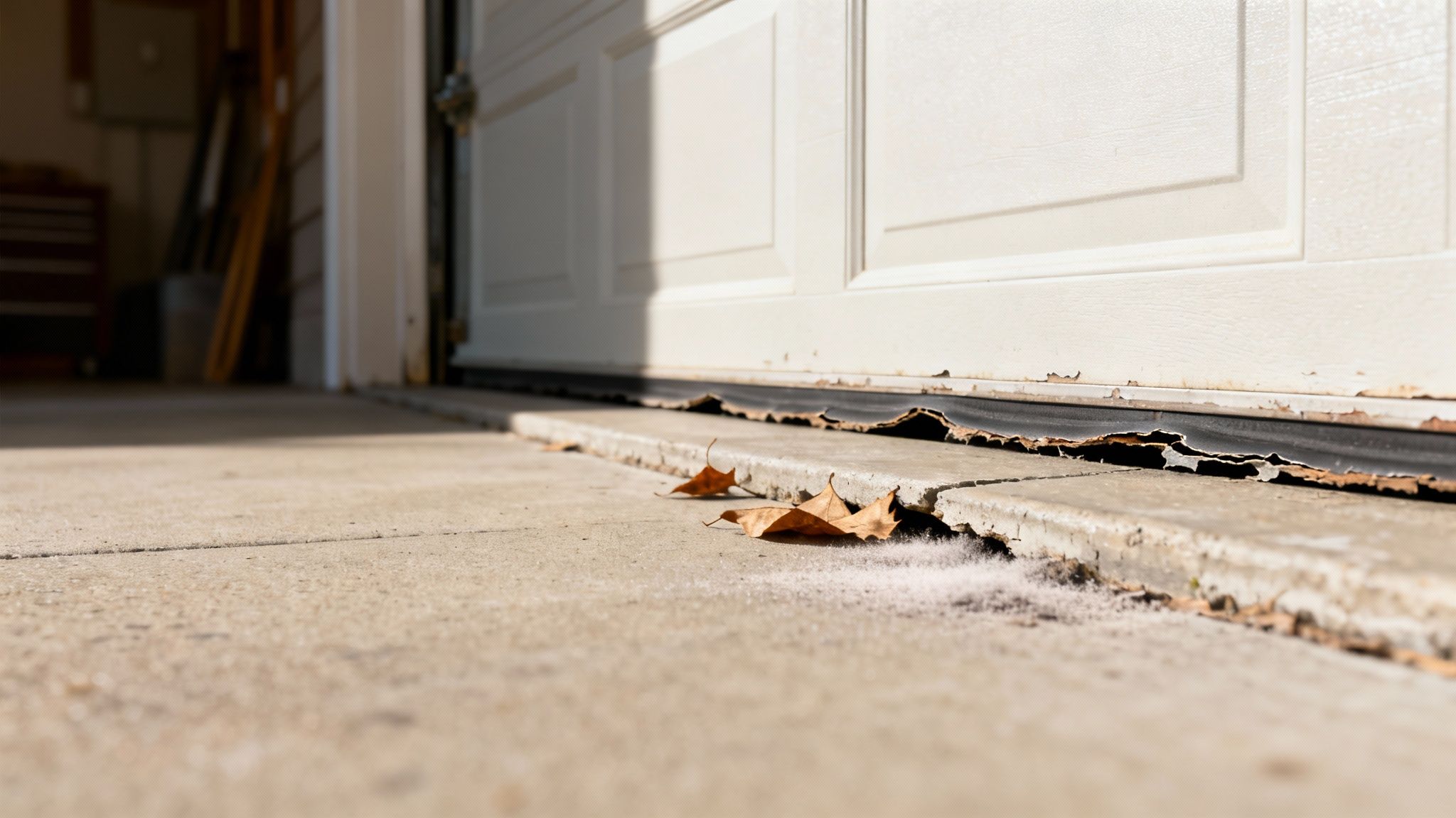 Damaged garage door bottom seal with peeling rubber, concrete, fallen leaves, and white growth.