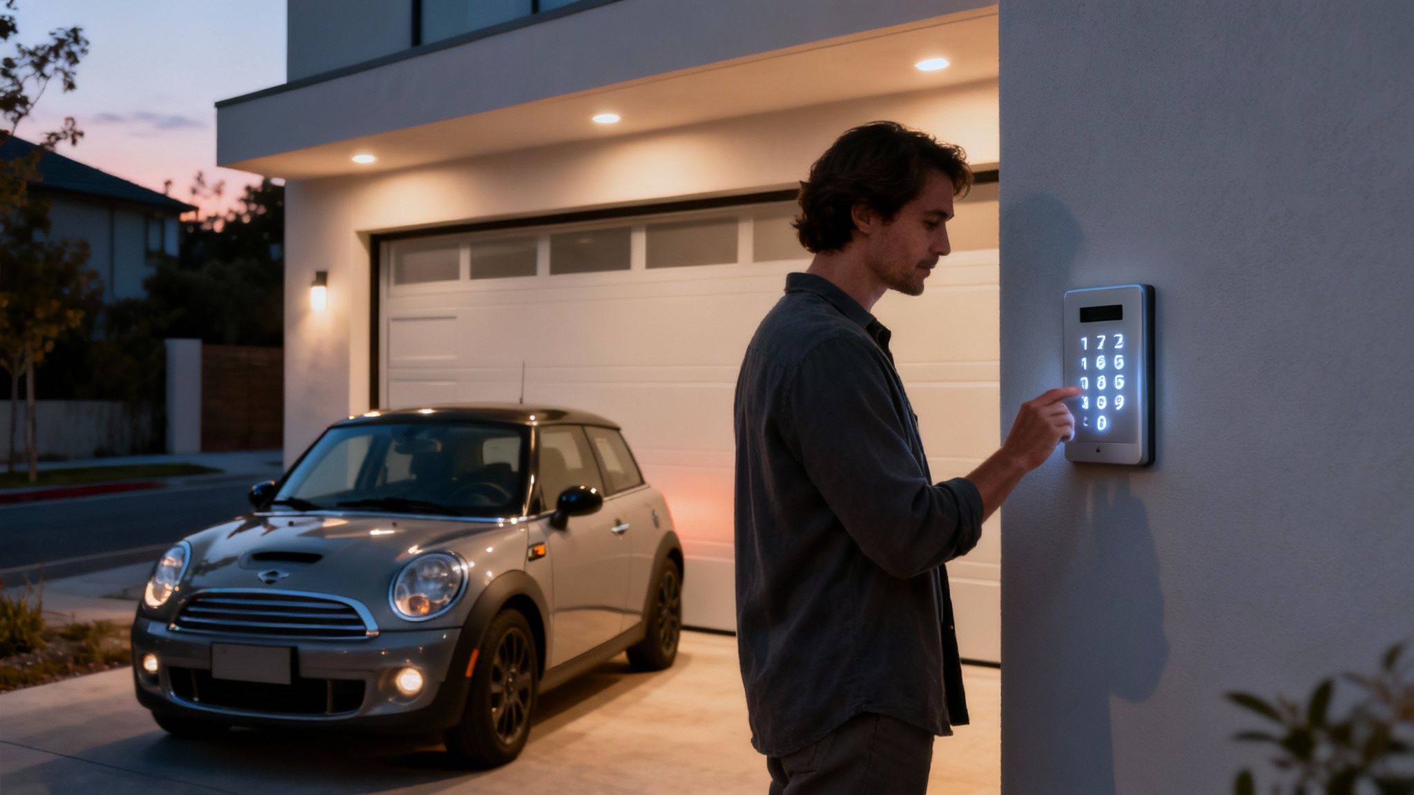 A man programs a smart keypad next to a garage with a car parked in the driveway at dusk.