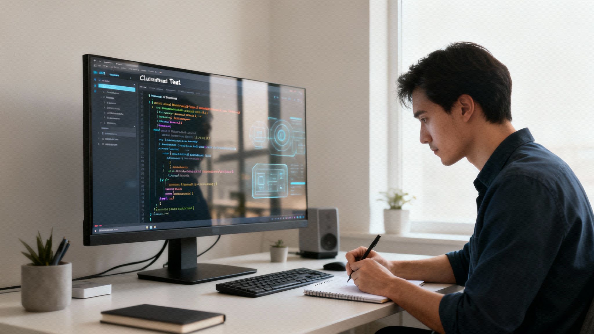 Young man focused on writing notes while coding on a desktop computer in a bright office.