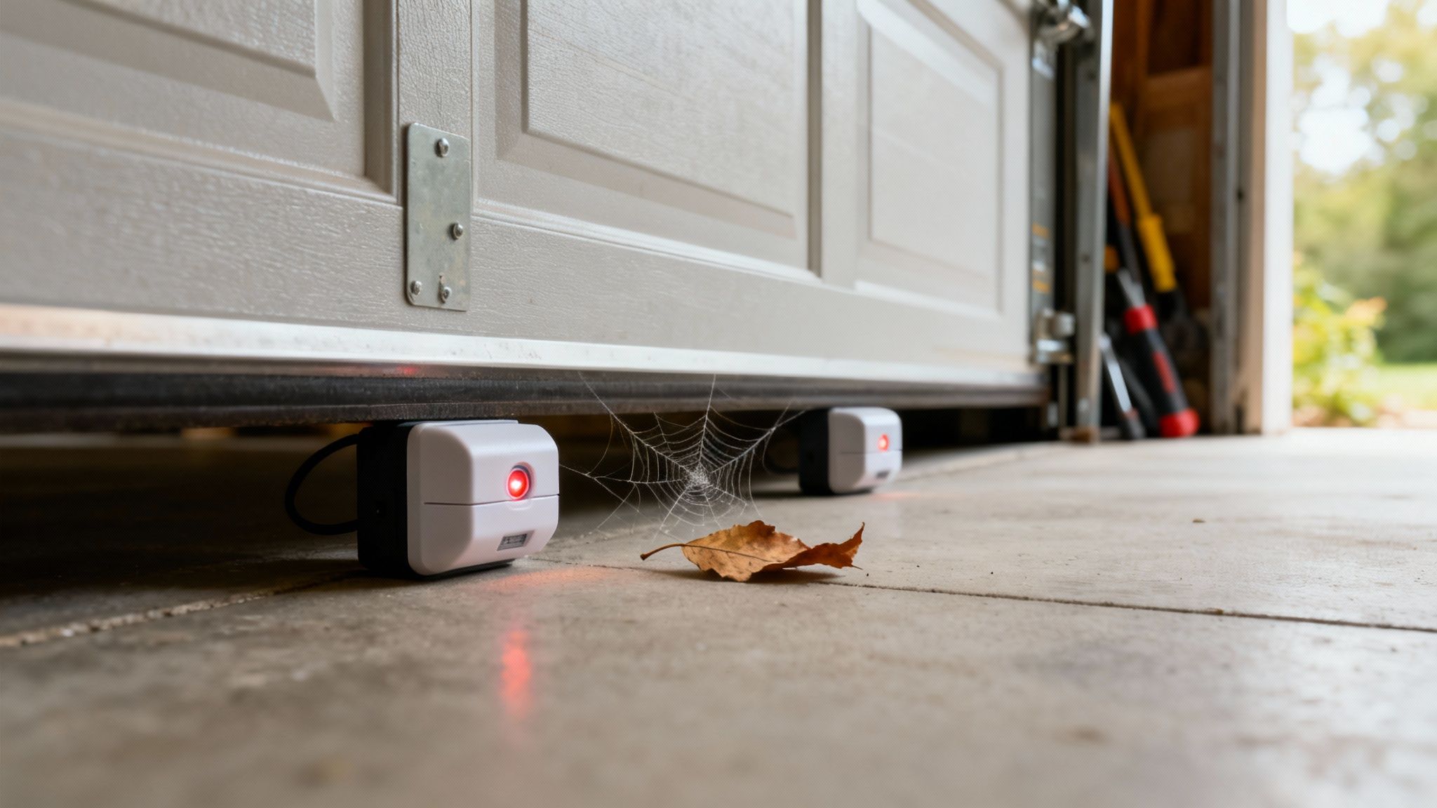 Garage door safety sensors on the ground, obstructed by a spiderweb and a fallen leaf.