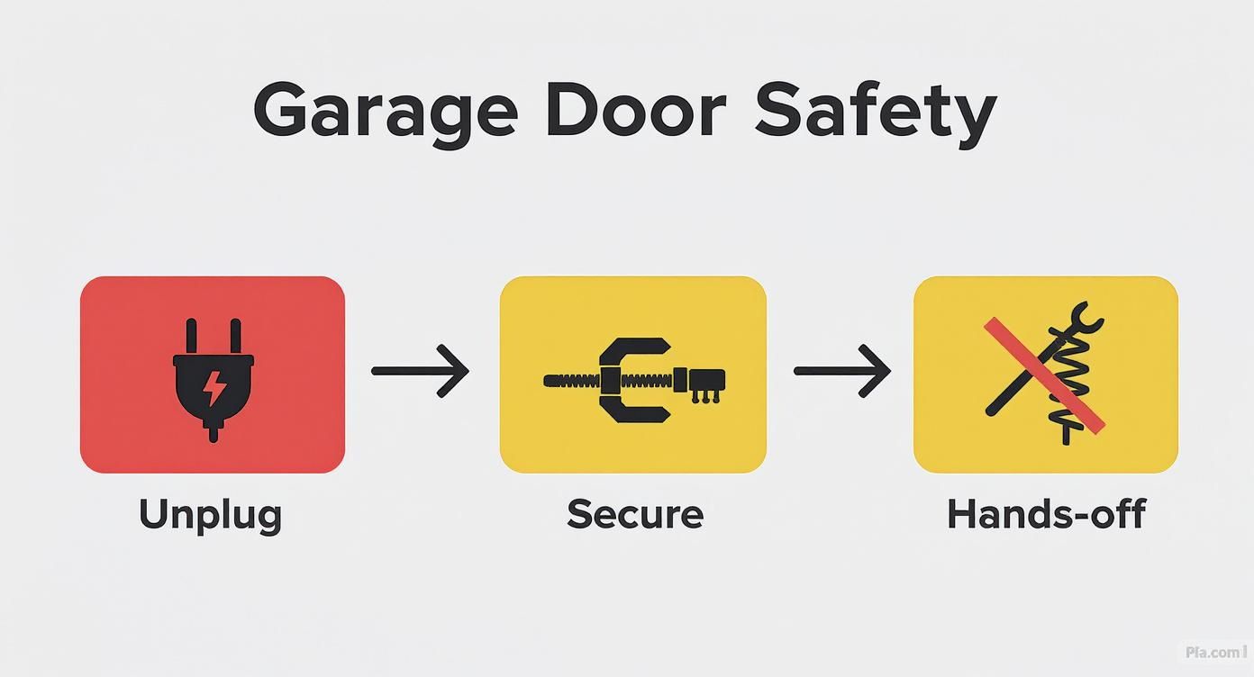 A visual guide on garage door safety, illustrating three sequential steps: unplug, secure, and hands-off.