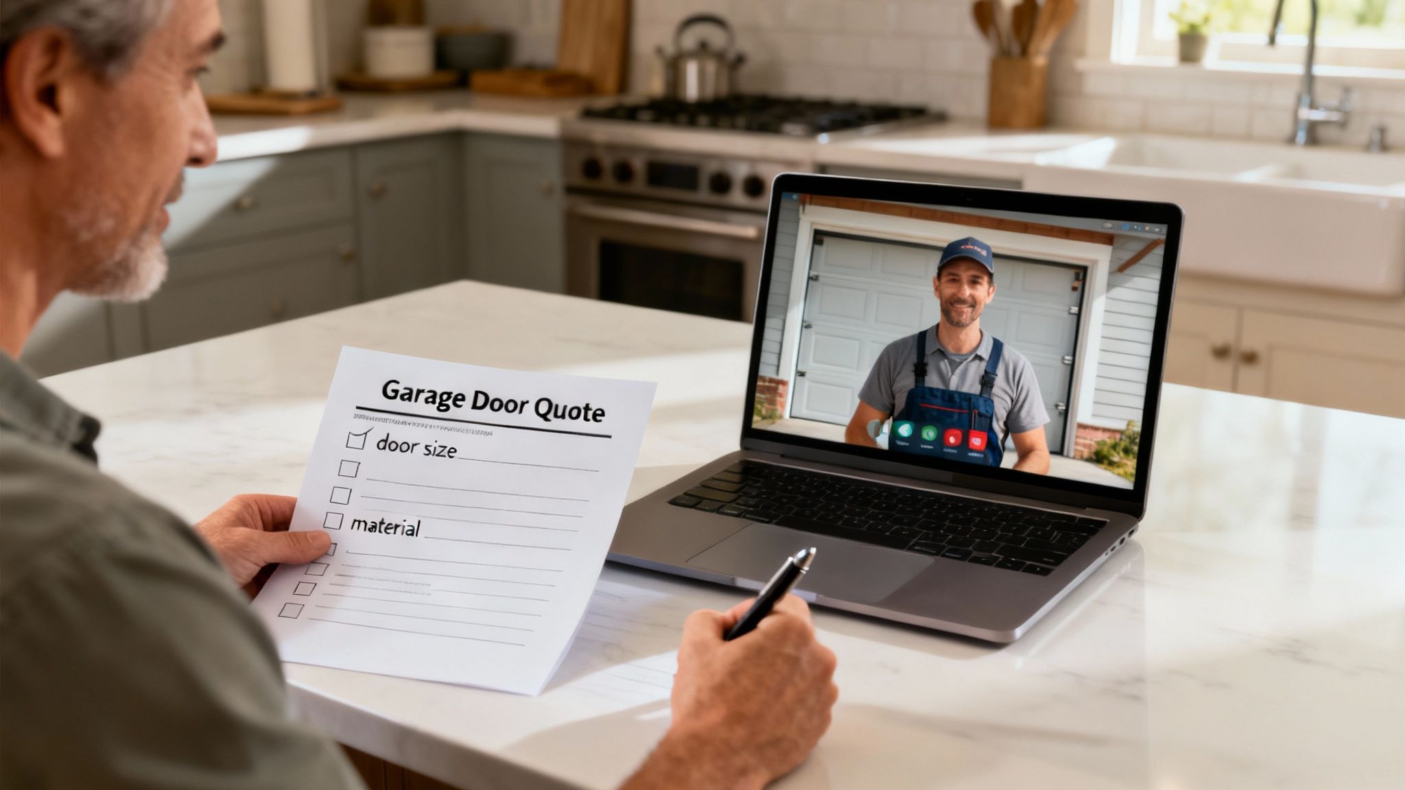 A person on the phone getting a quote for garage door repair.