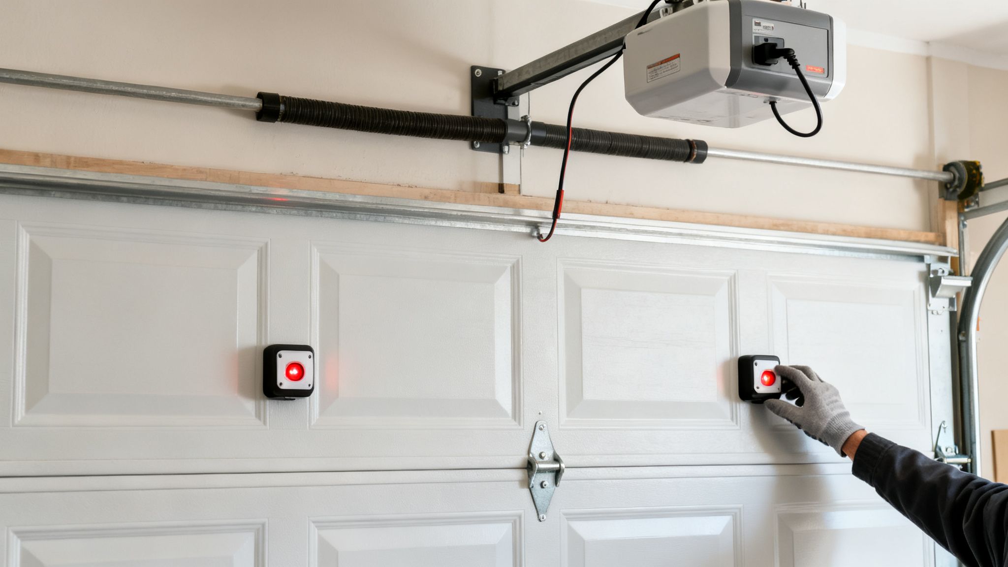A gloved hand presses a red button on a white garage door safety sensor.
