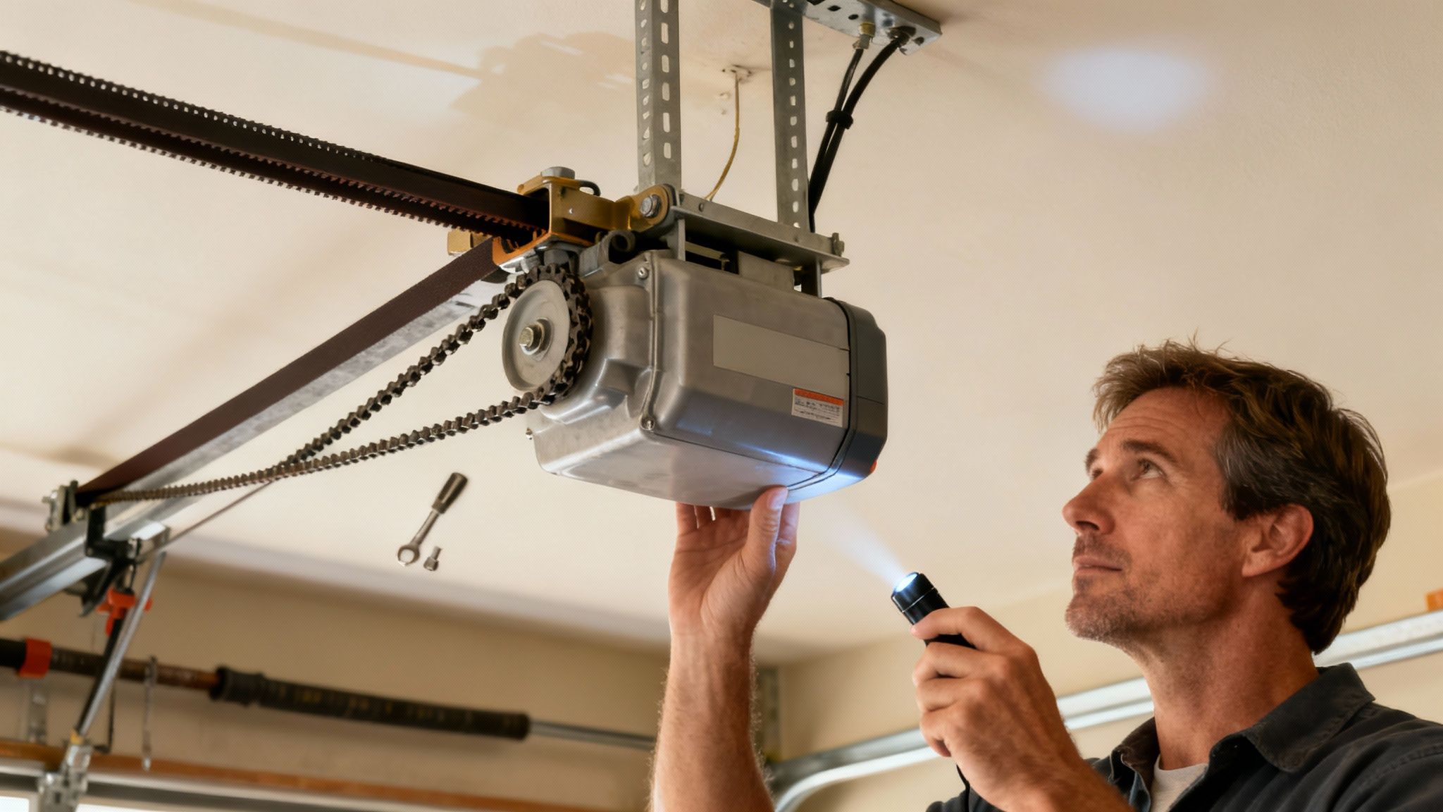 Man inspecting a garage door opener with a flashlight, focusing on the motor and chain.