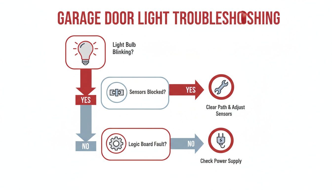A flowchart for garage door light troubleshooting, addressing blinking bulb, blocked sensors, logic board, and power supply.