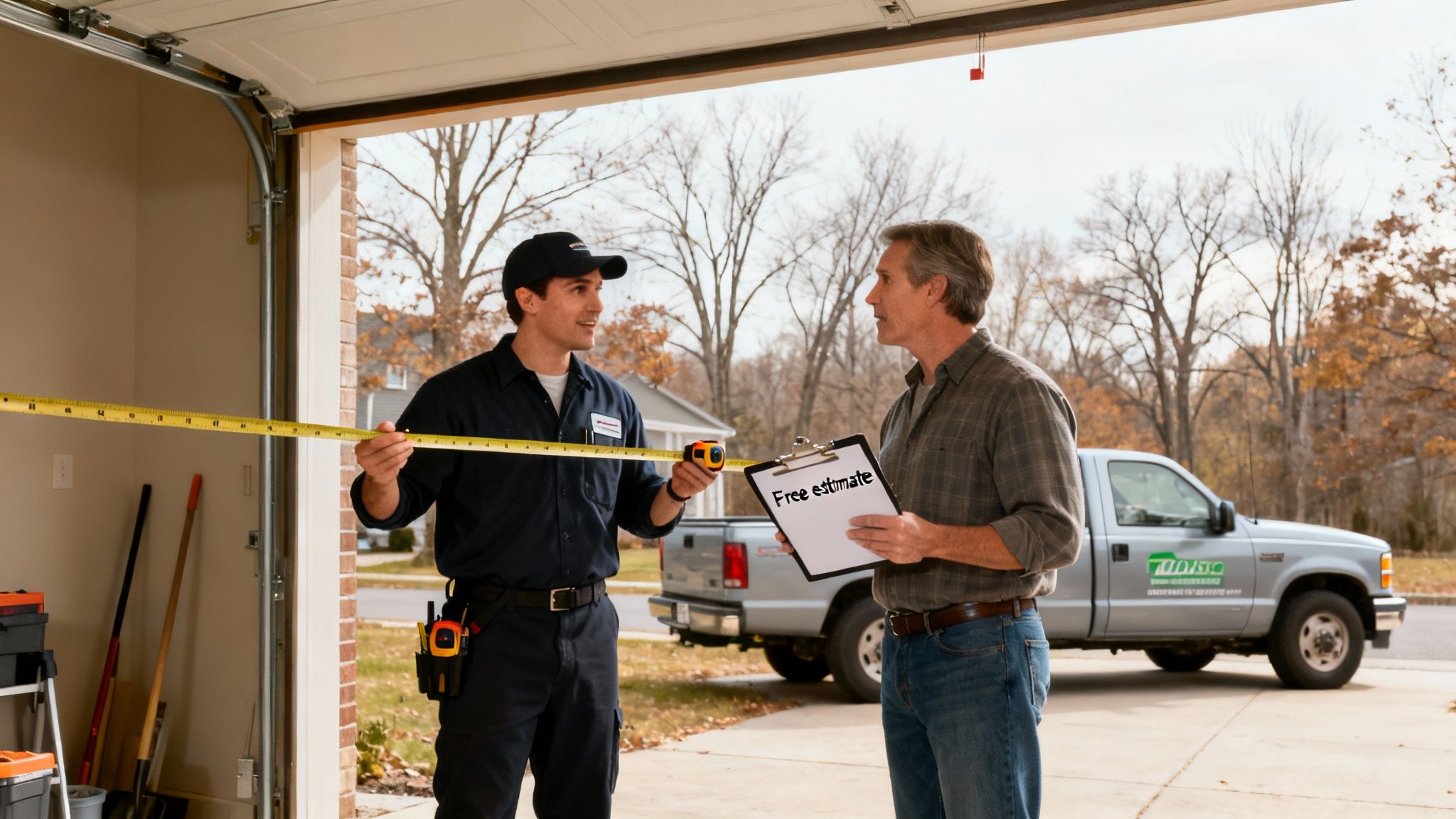 A service technician measures a garage door opening while a homeowner holds a 'Free Estimate' clipboard.