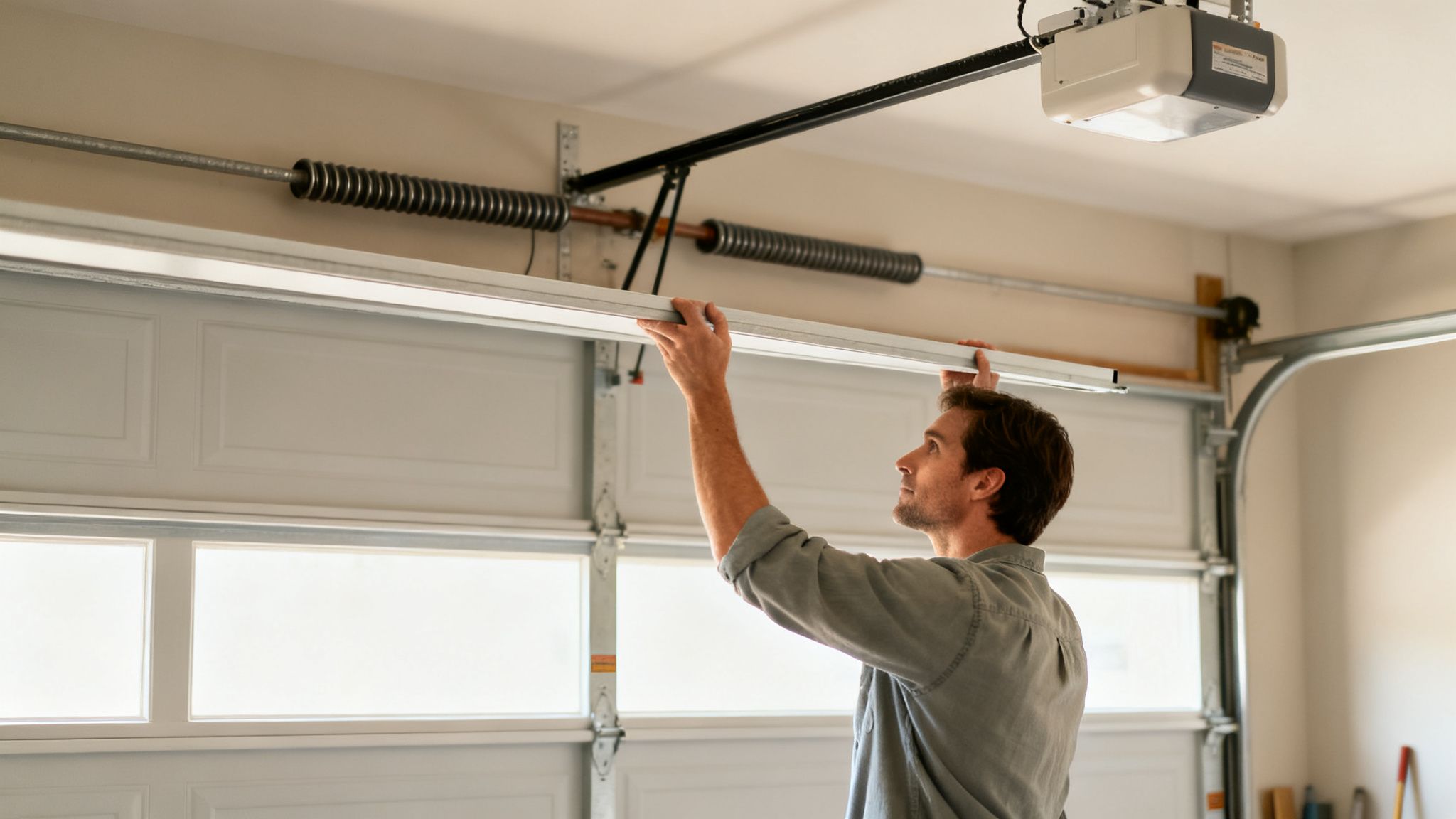 A man installing insulation or a light fixture above a white garage door, with visible springs and opener.